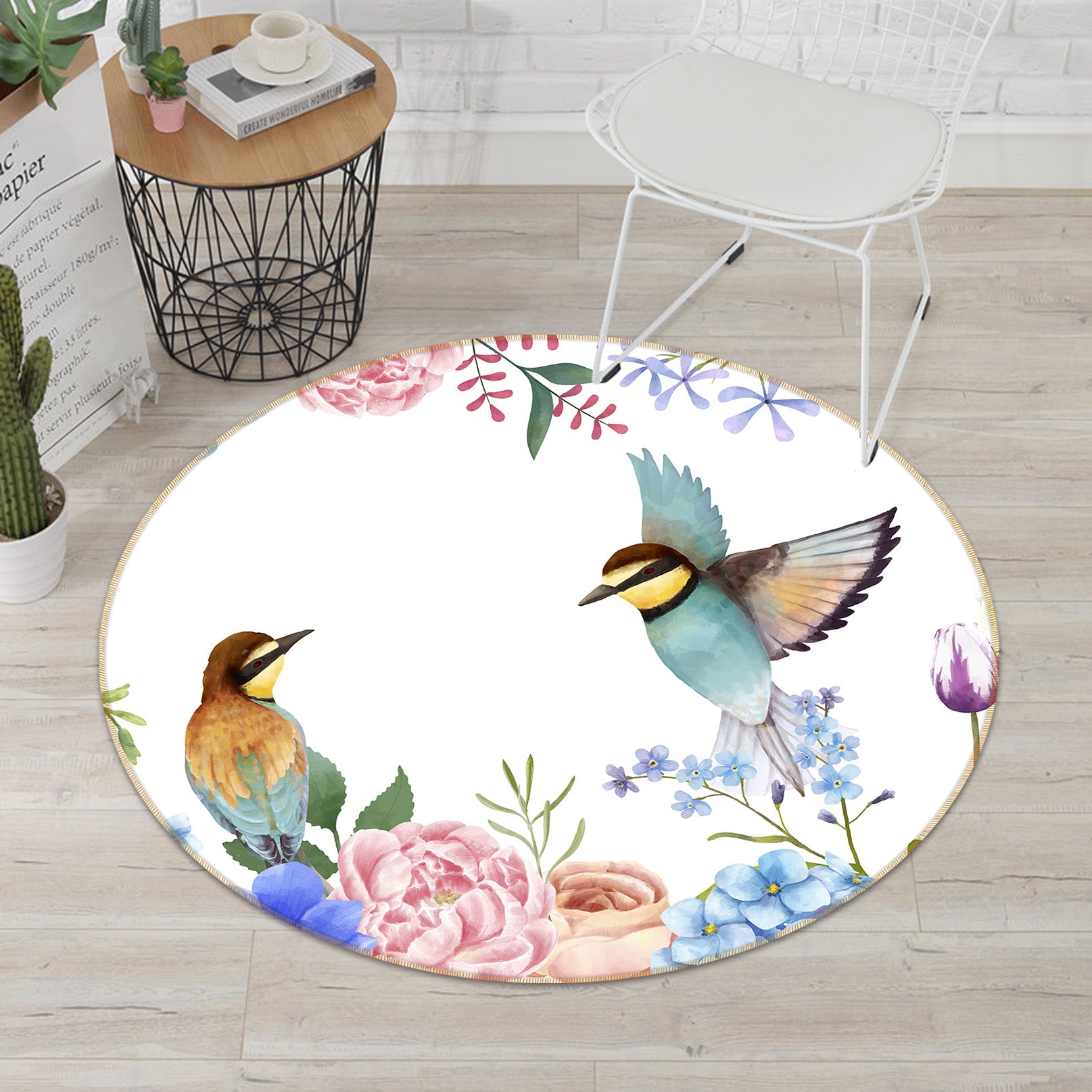 3D Flowers Bird 71221 Round Non Slip Rug Mat