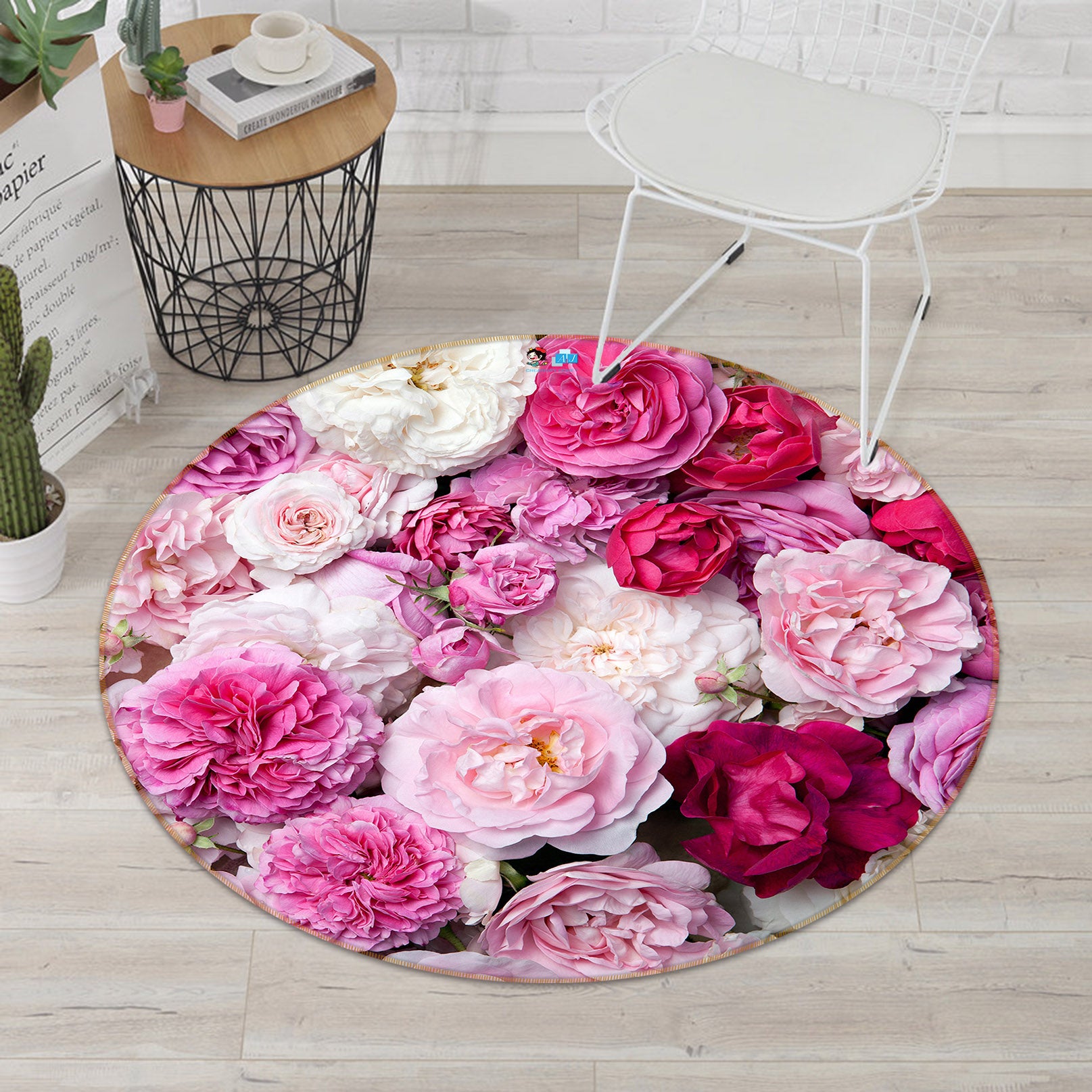 3D Pink Flowers 74140 Round Non Slip Rug Mat
