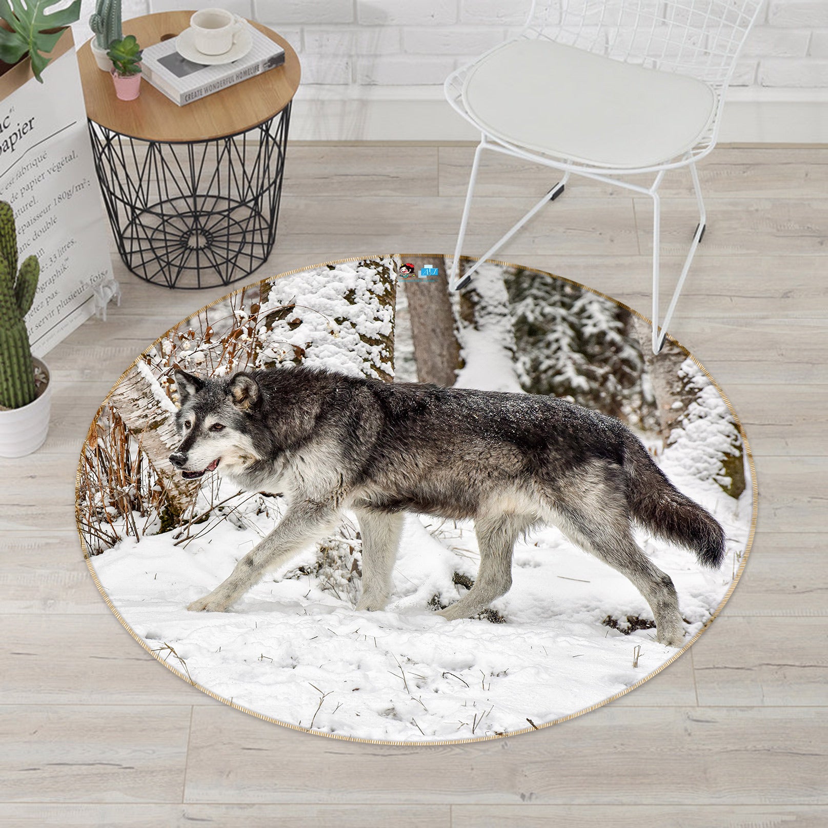 3D Snowfield Wolf 81156 Round Non Slip Rug Mat