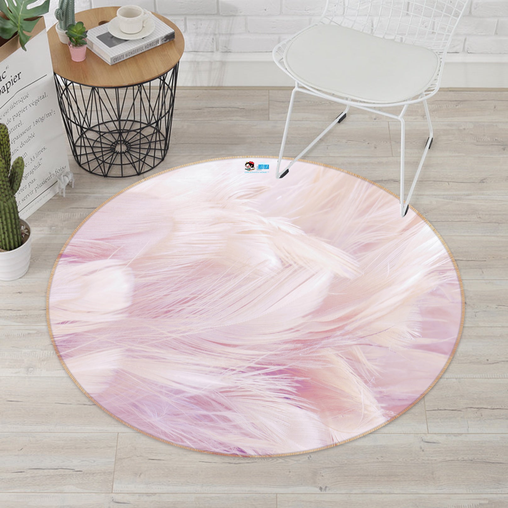 3D Light Pink Feather 81223 Round Non Slip Rug Mat