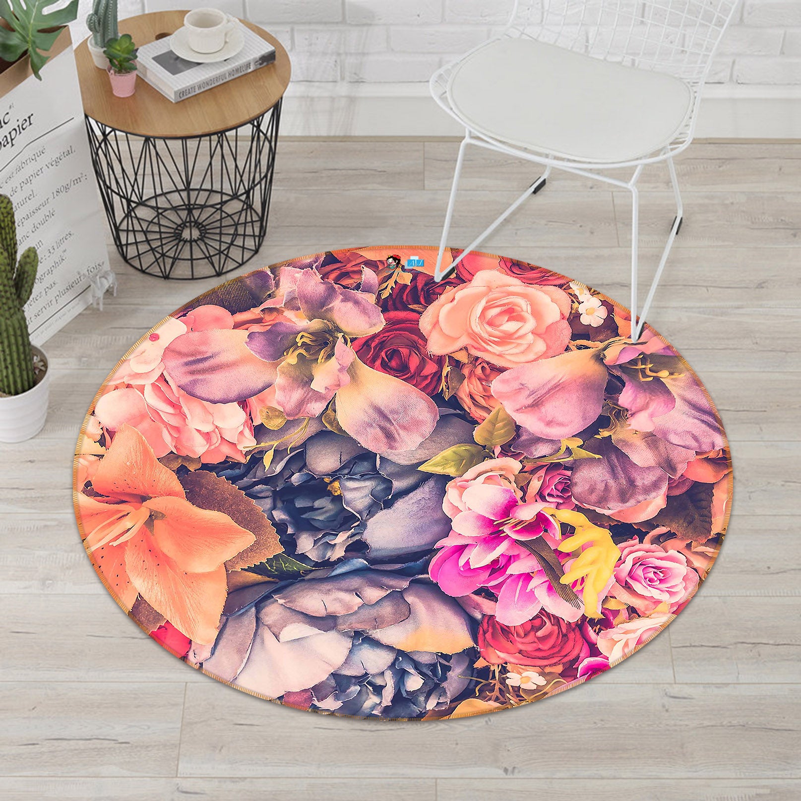 3D Colored Flowers 64107 Round Non Slip Rug Mat