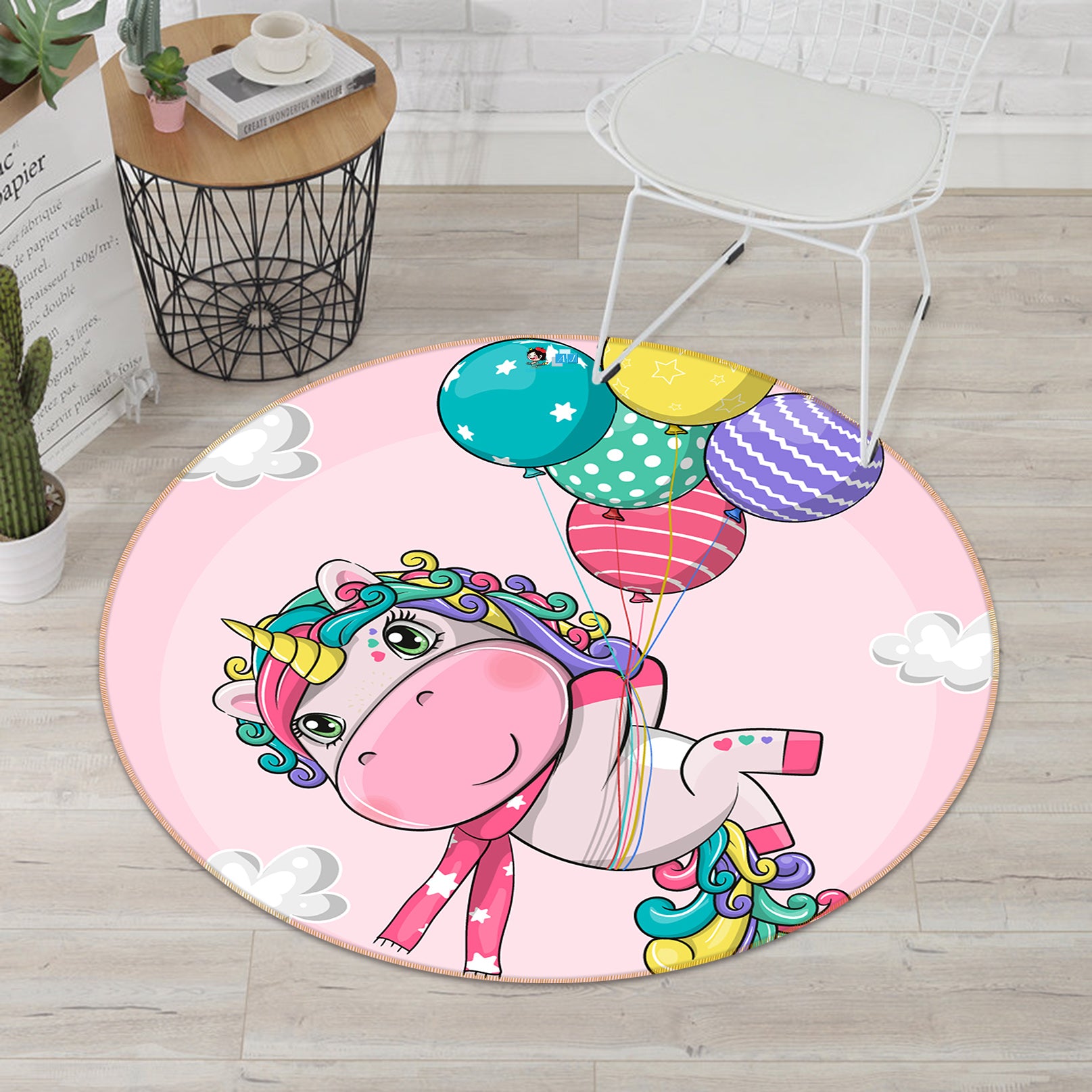 3D Colorful Unicorn Balloons 74286 Round Non Slip Rug Mat