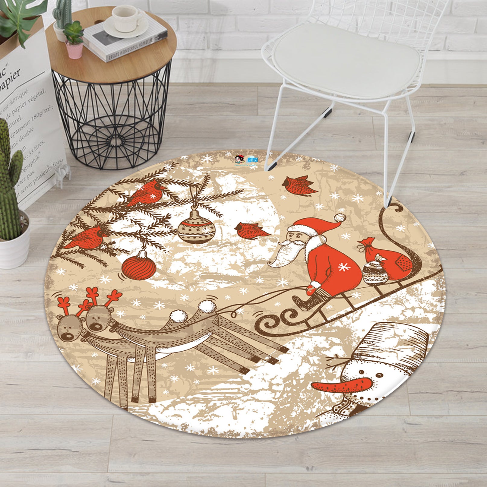 3D Snowman Sleigh 66031 Christmas Round Non Slip Rug Mat Xmas
