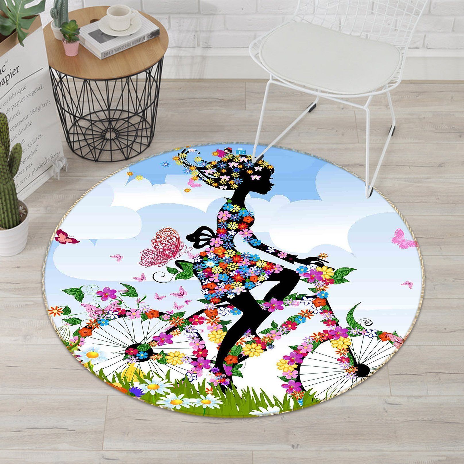 3D Flowers Bike Girl 39 Round Non Slip Rug Mat Mat AJ Creativity Home