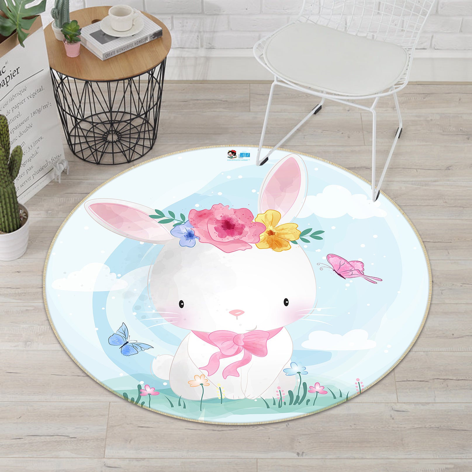 3D Flower Bunny 75012 Round Non Slip Rug Mat