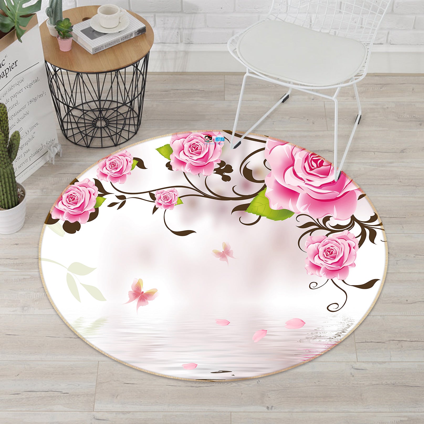 3D Pink Flowers 80254 Round Non Slip Rug Mat