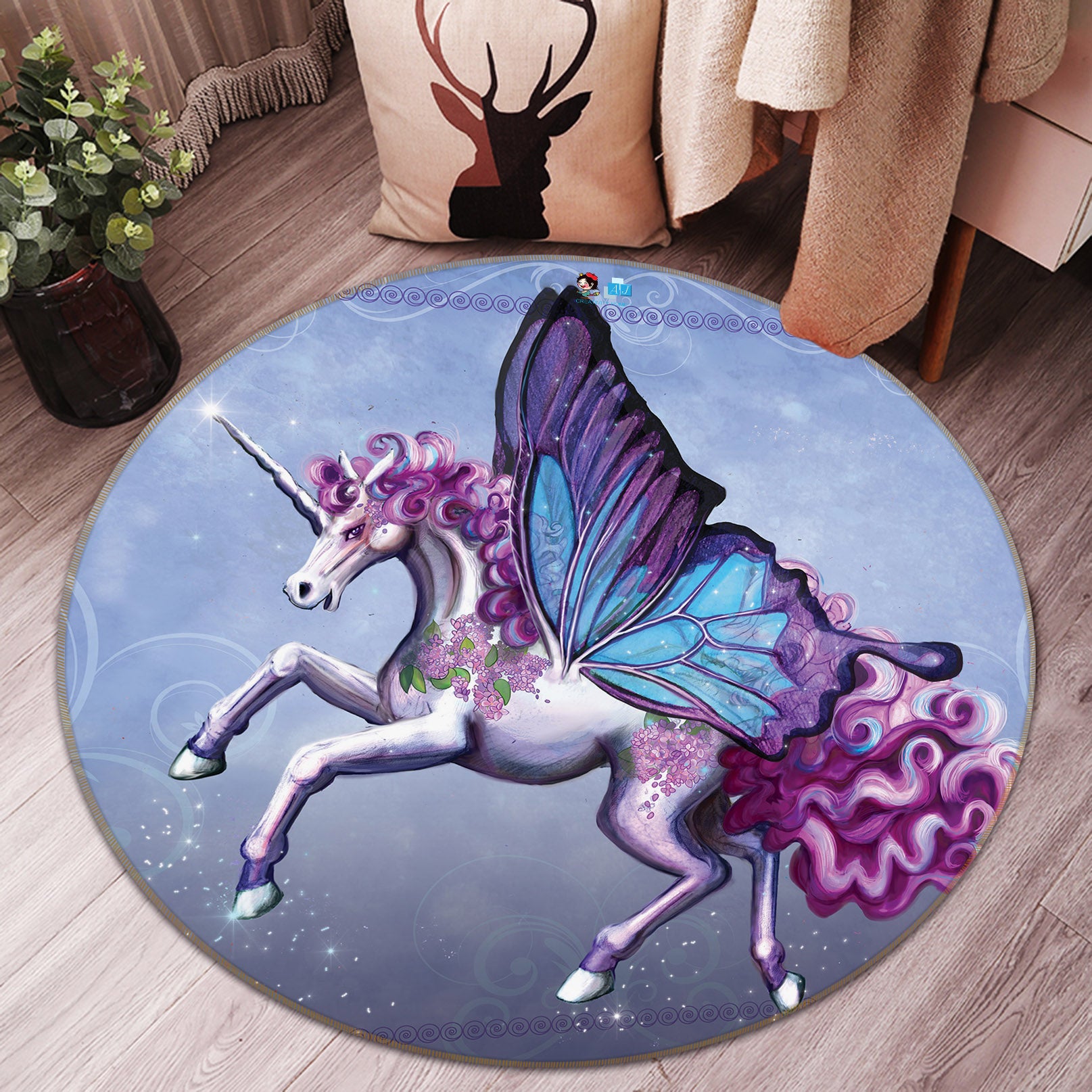 3D Butterfly Unicorn 83154 Rose Catherine Khan Rug Round Non Slip Rug Mat