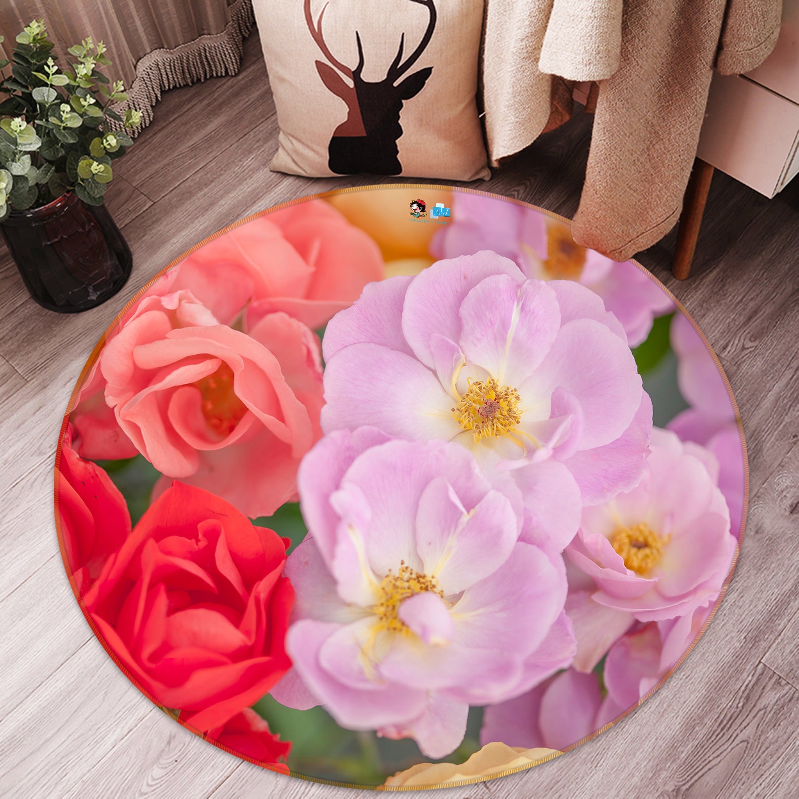 3D Pink Flower 7515 Assaf Frank Rug Round Non Slip Rug Mat