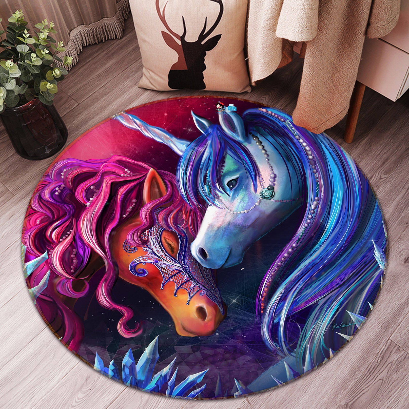 3D Red Blue Unicorn 83156 Rose Catherine Khan Rug Round Non Slip Rug Mat