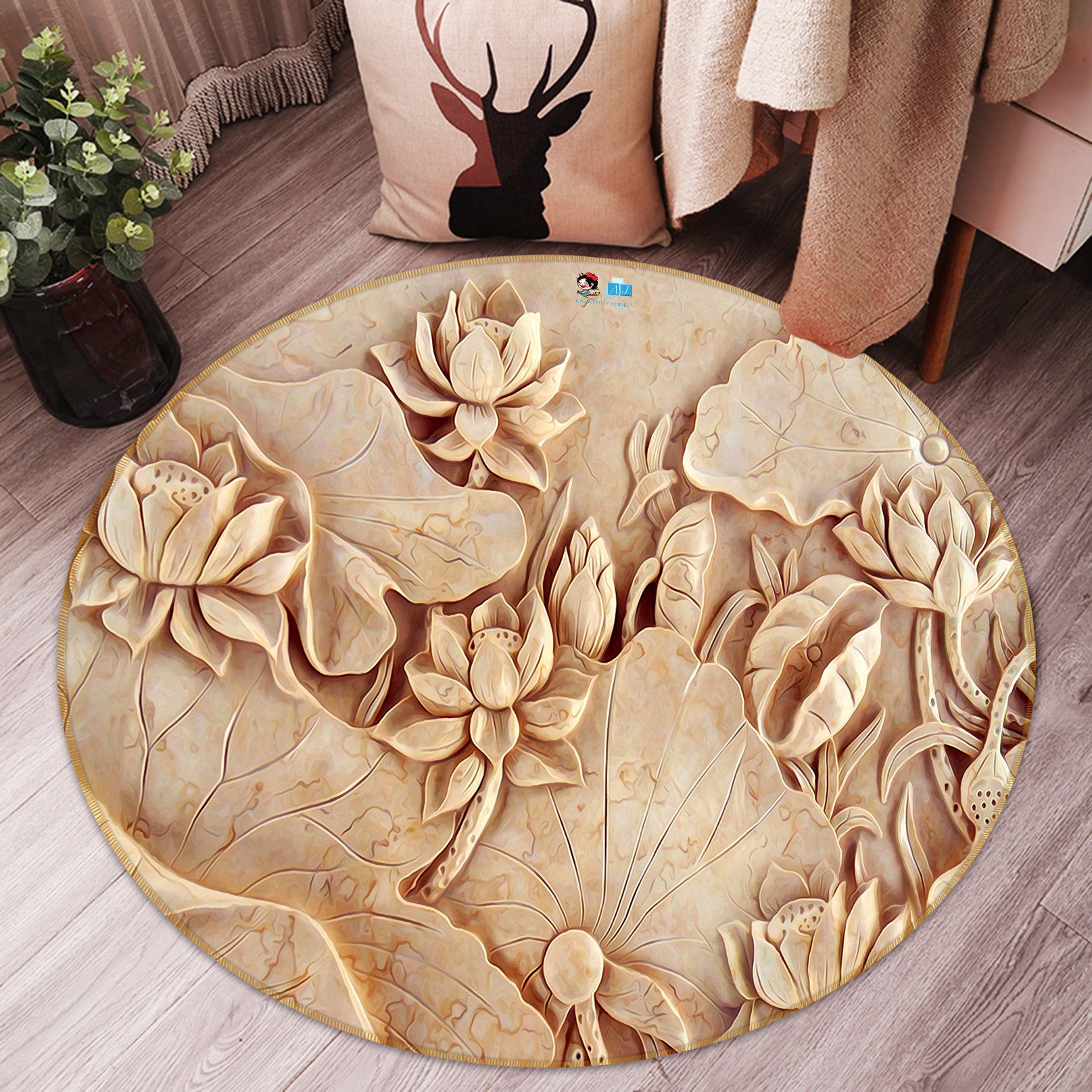 3D Relief Lotus 72216 Round Non Slip Rug Mat