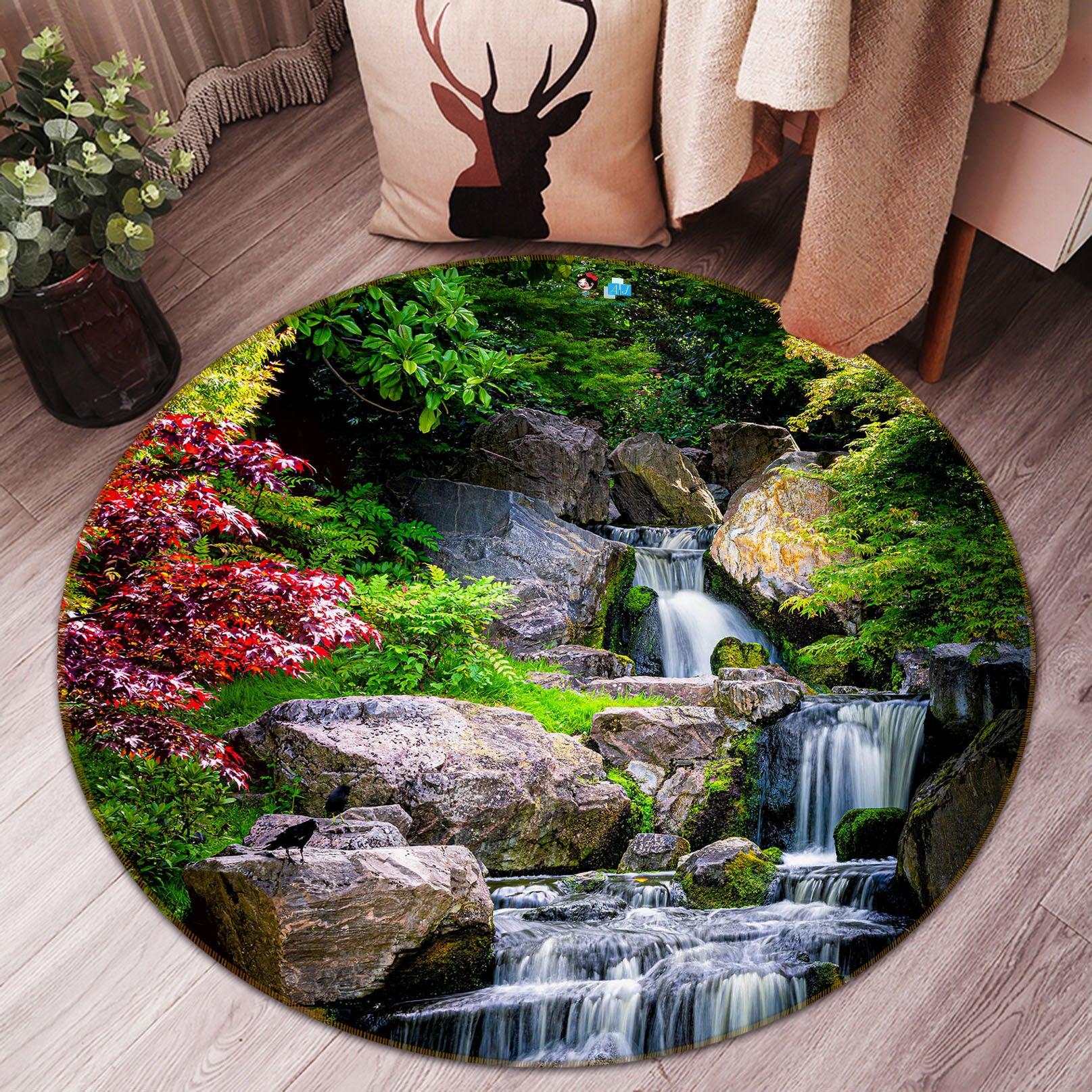 3D Mountain Running Water 69130 Round Non Slip Rug Mat