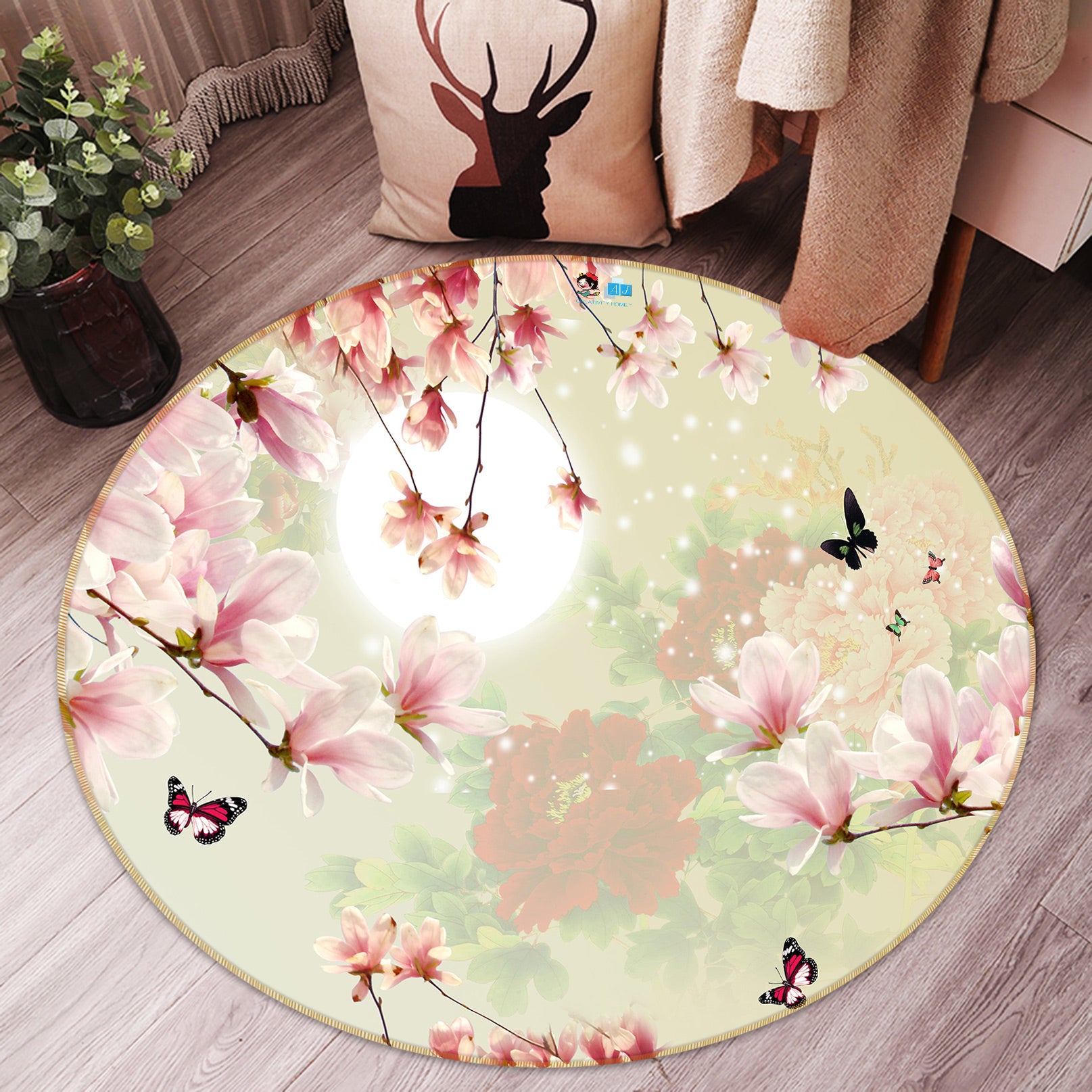 3D Pink Flower Branch Butterfly 81016 Round Non Slip Rug Mat