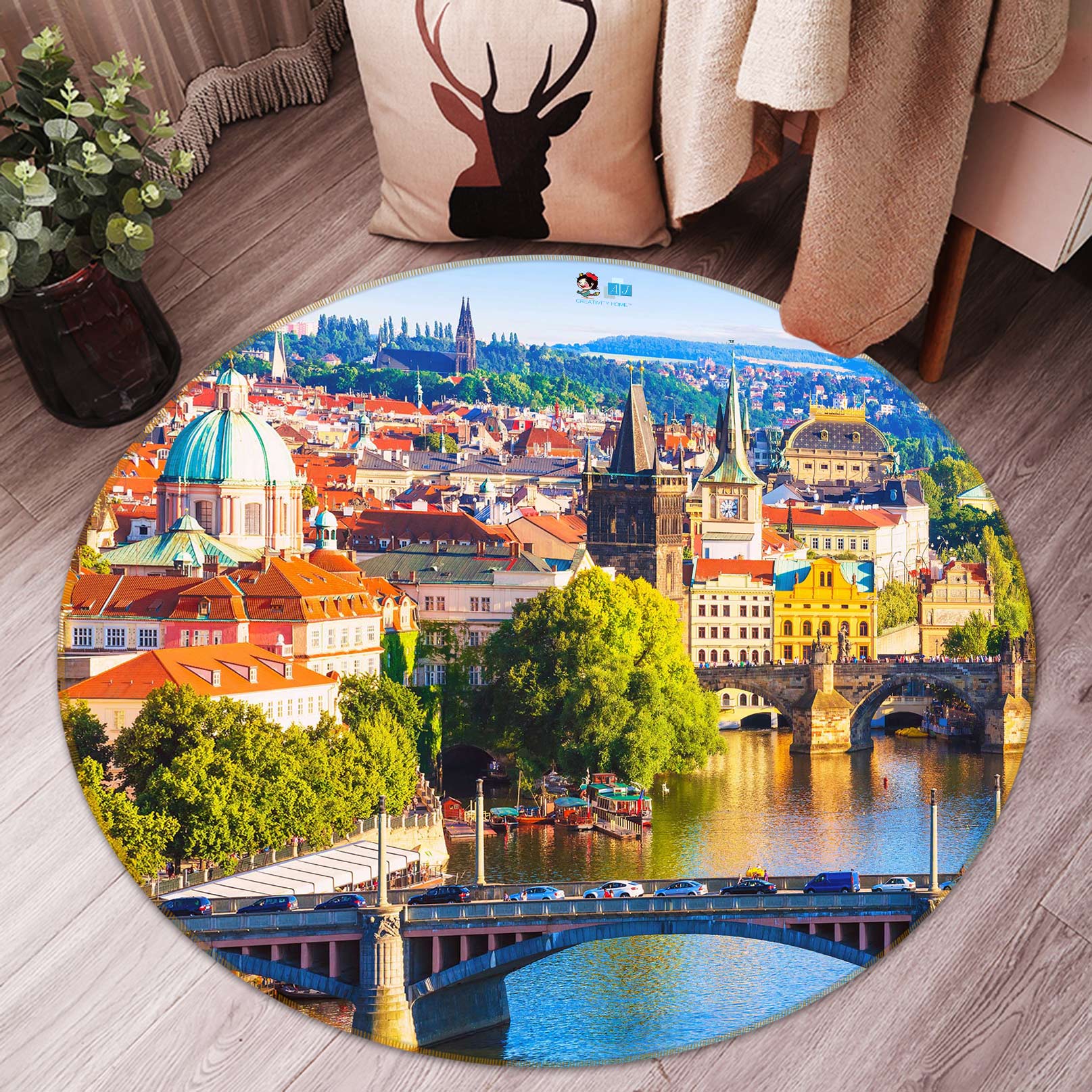 3D Houses Bridge 81005 Round Non Slip Rug Mat