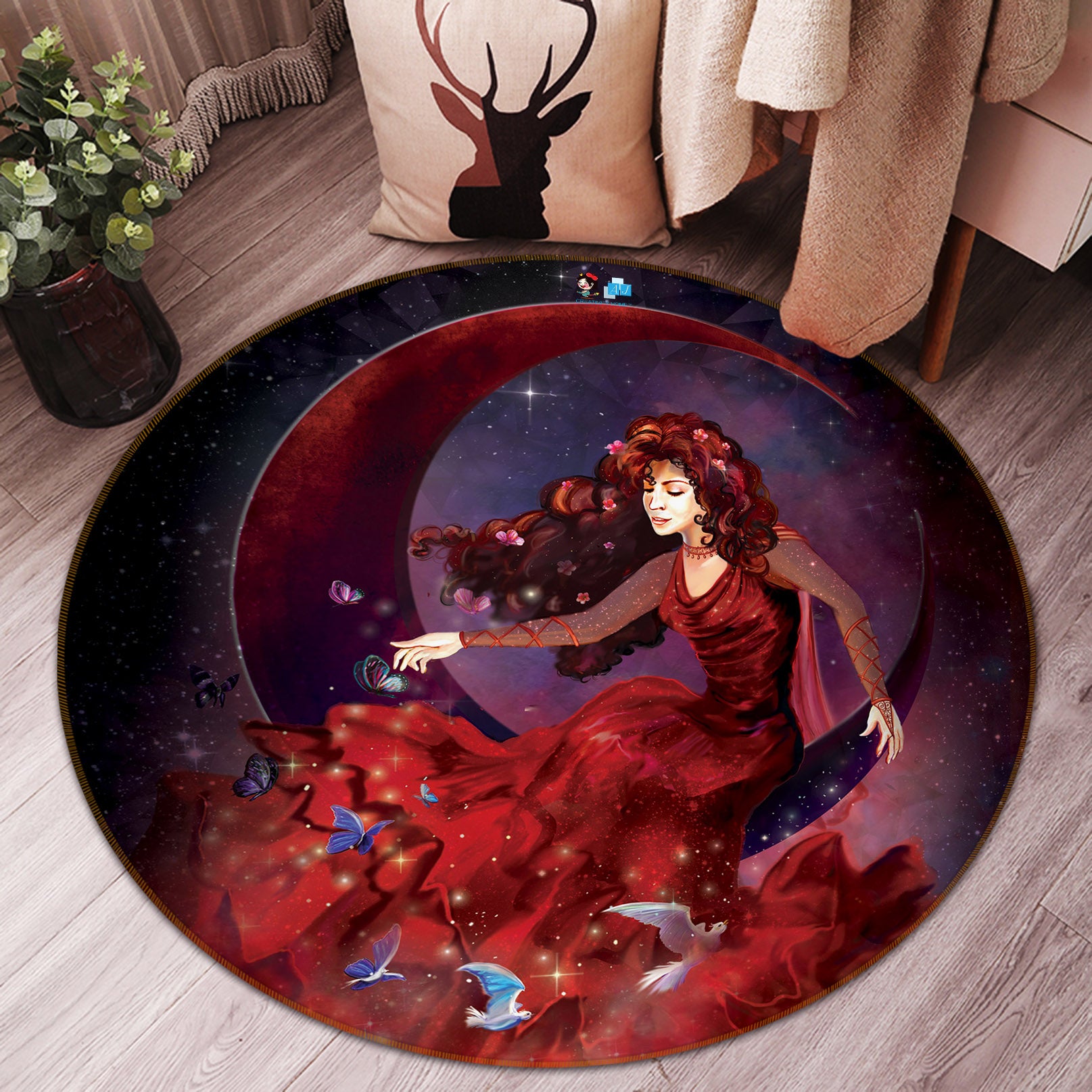 3D Red Beauty Moon 83162 Rose Catherine Khan Rug Round Non Slip Rug Mat