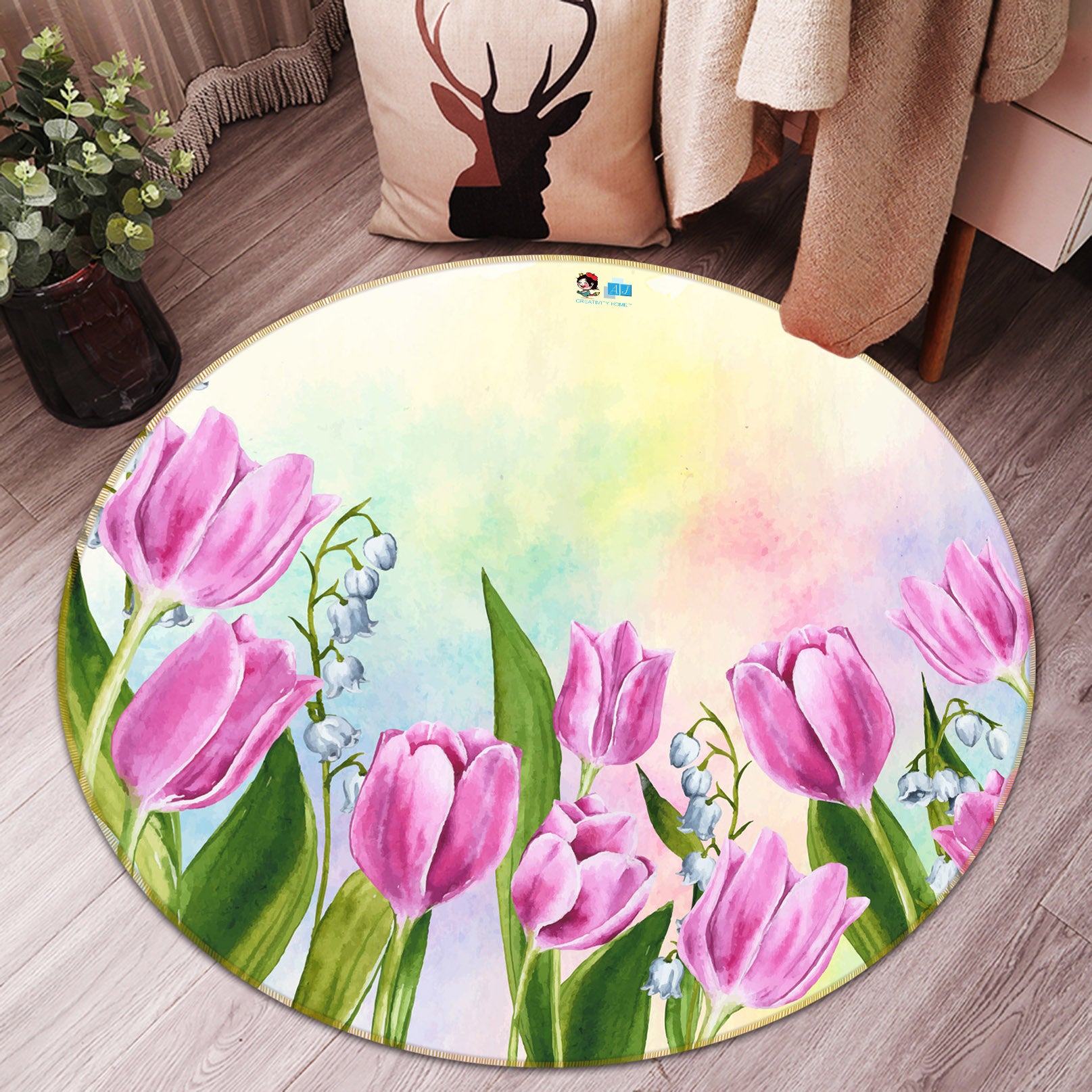 3D Tulip Flowers 71283 Round Non Slip Rug Mat