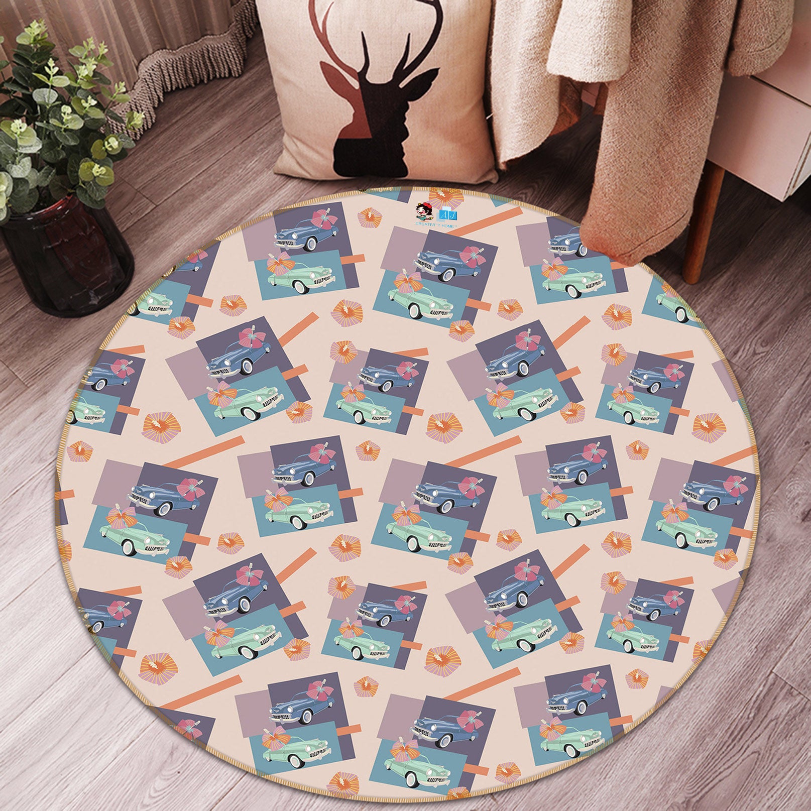 3D Car Pattern 454 Kasumi Loffler Rug Round Non Slip Rug Mat