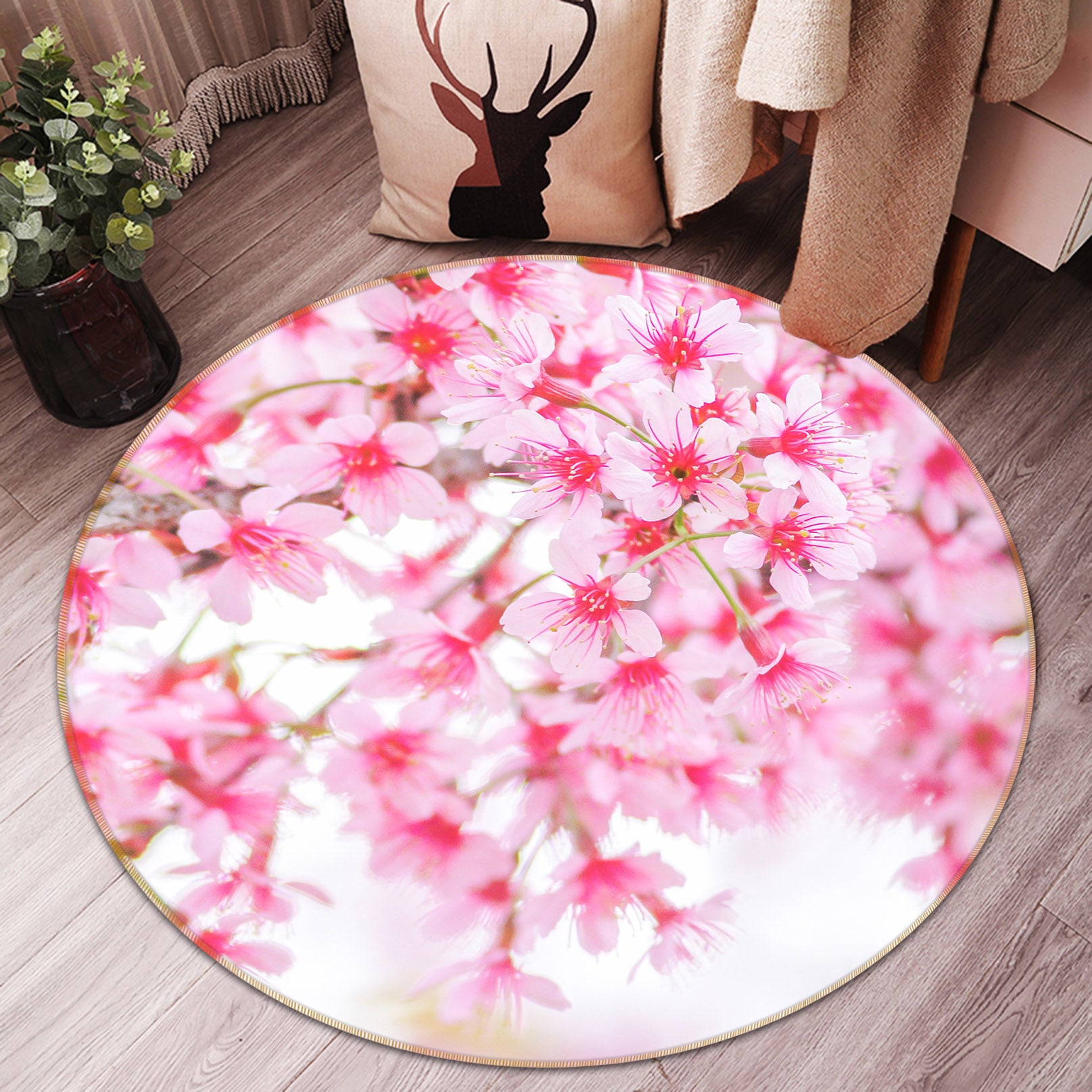 3D Pink Flower 71230 Round Non Slip Rug Mat