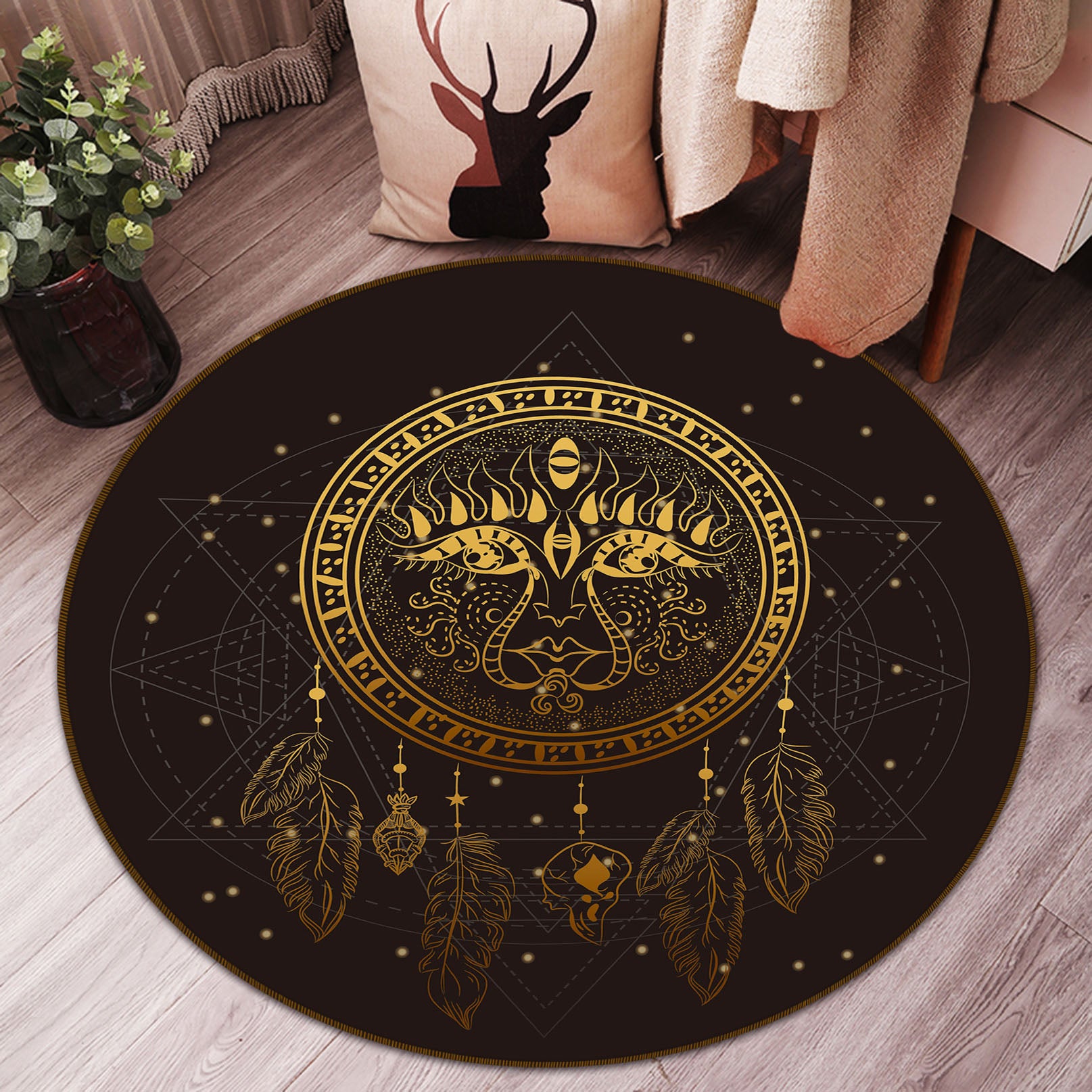 3D Golden Dream Catcher 29028 Round Non Slip Rug Mat