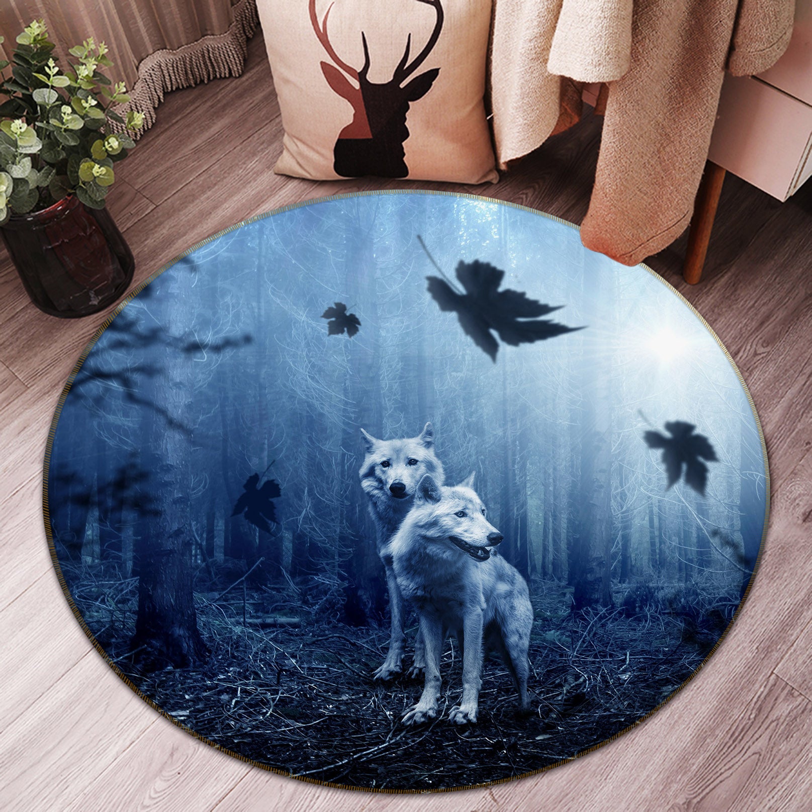 3D Forest Wolf 82060 Animal Round Non Slip Rug Mat
