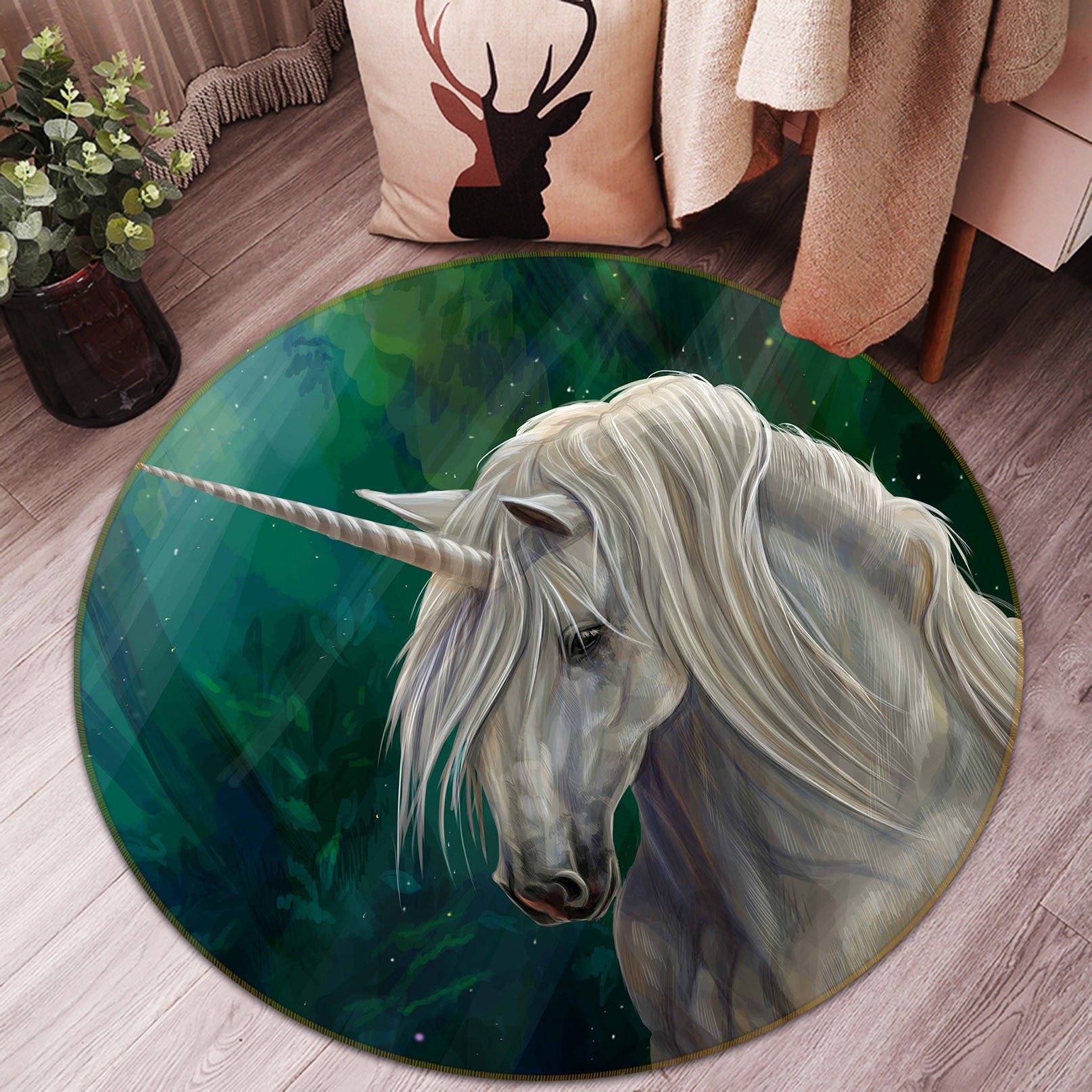 3D White Horned Horse 37158 Animal Round Non Slip Rug Mat