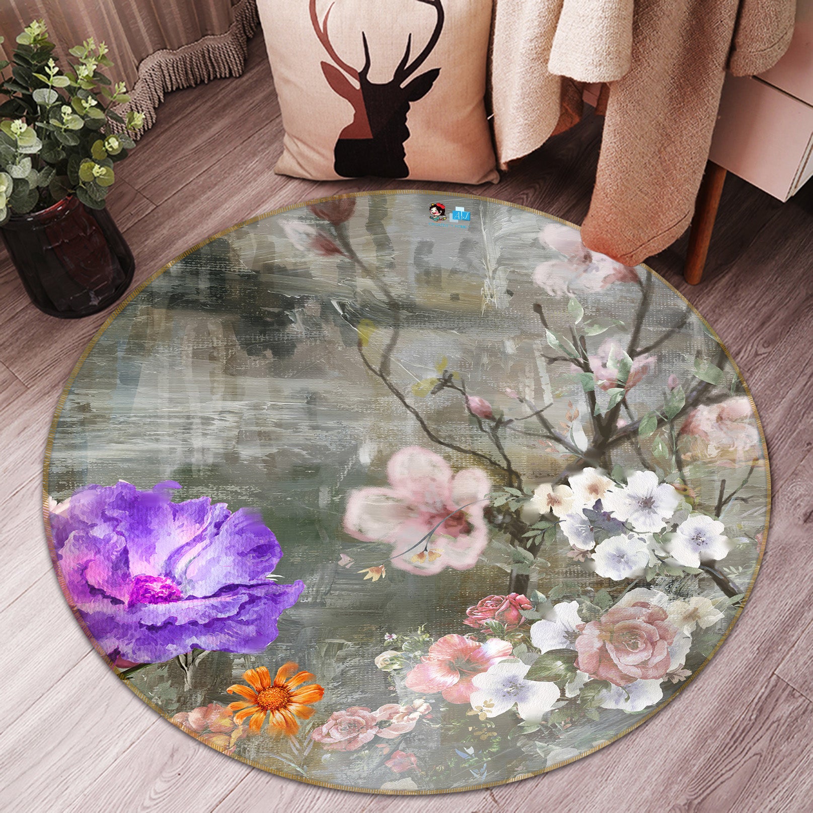 3D Flower Branch 71252 Round Non Slip Rug Mat