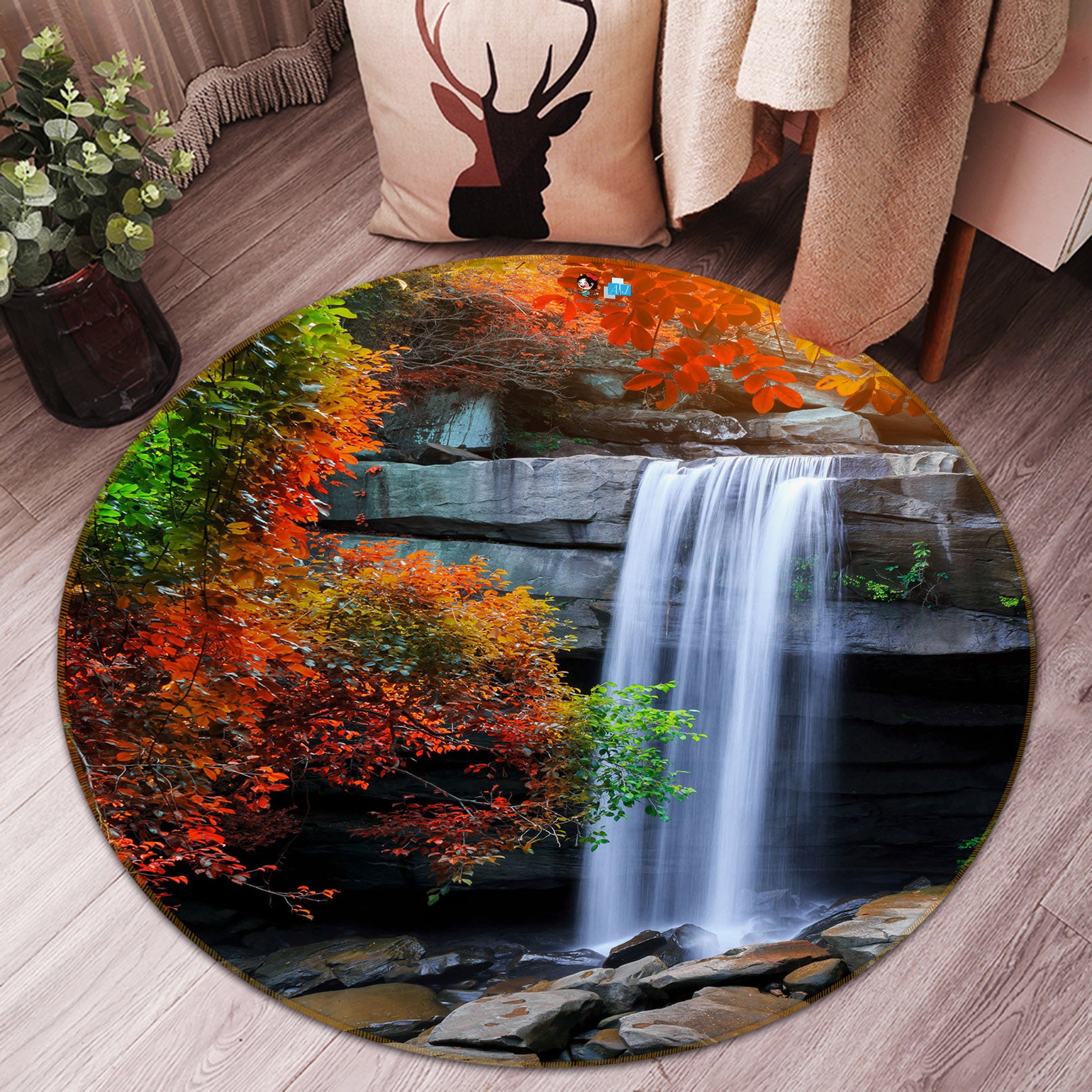 3D Mountain Stone Waterfall 69067 Round Non Slip Rug Mat