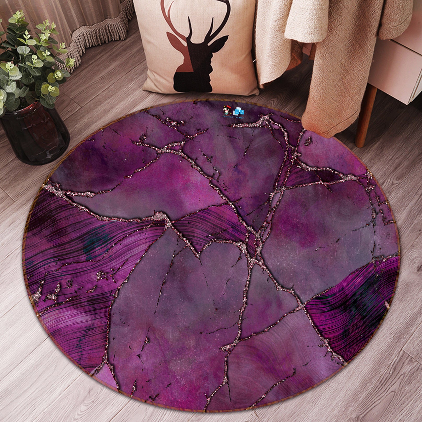 3D Purple Block 83075 Andrea haase Rug Round Non Slip Rug Mat