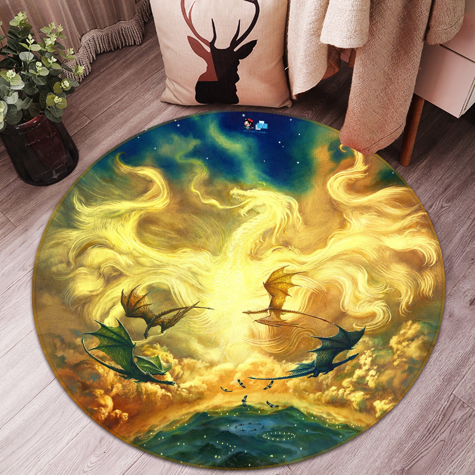 3D Dragon Pattern 6143 Ciruelo Rug Round Non Slip Rug Mat