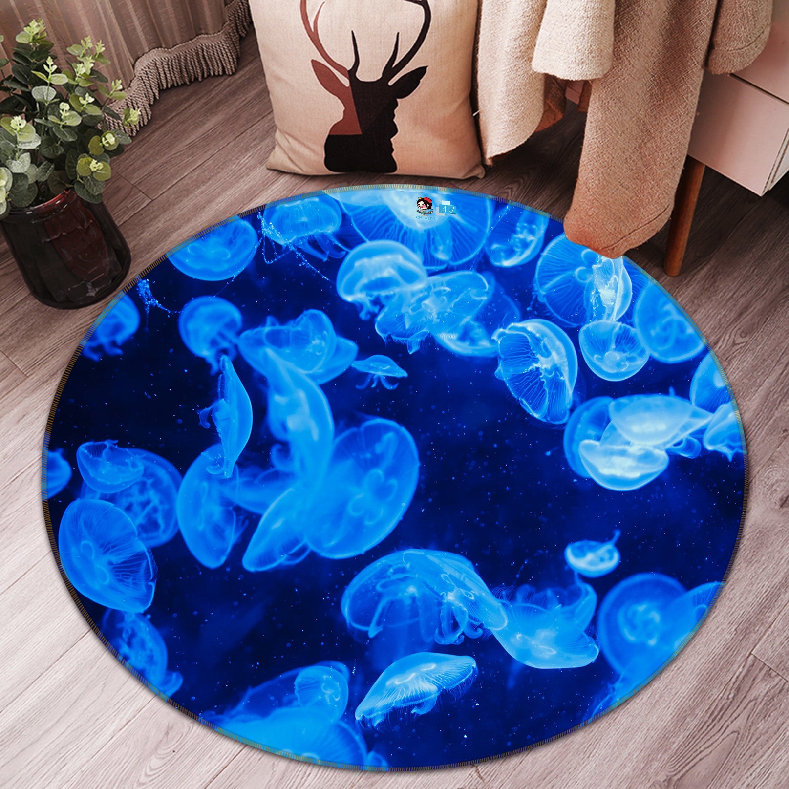 3D Blue Jellyfish 74041 Round Non Slip Rug Mat