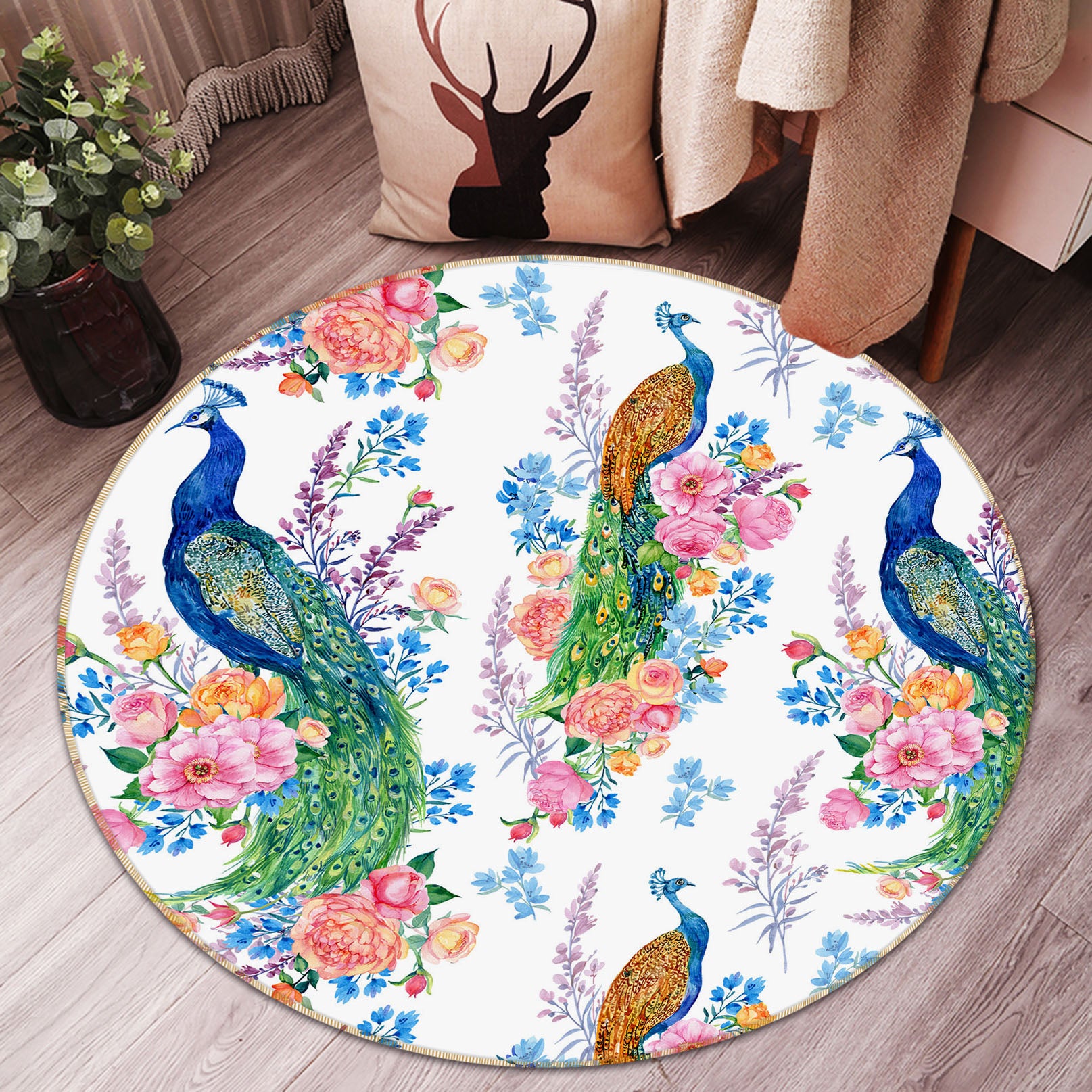 3D Peacock Flowers 29043 Round Non Slip Rug Mat