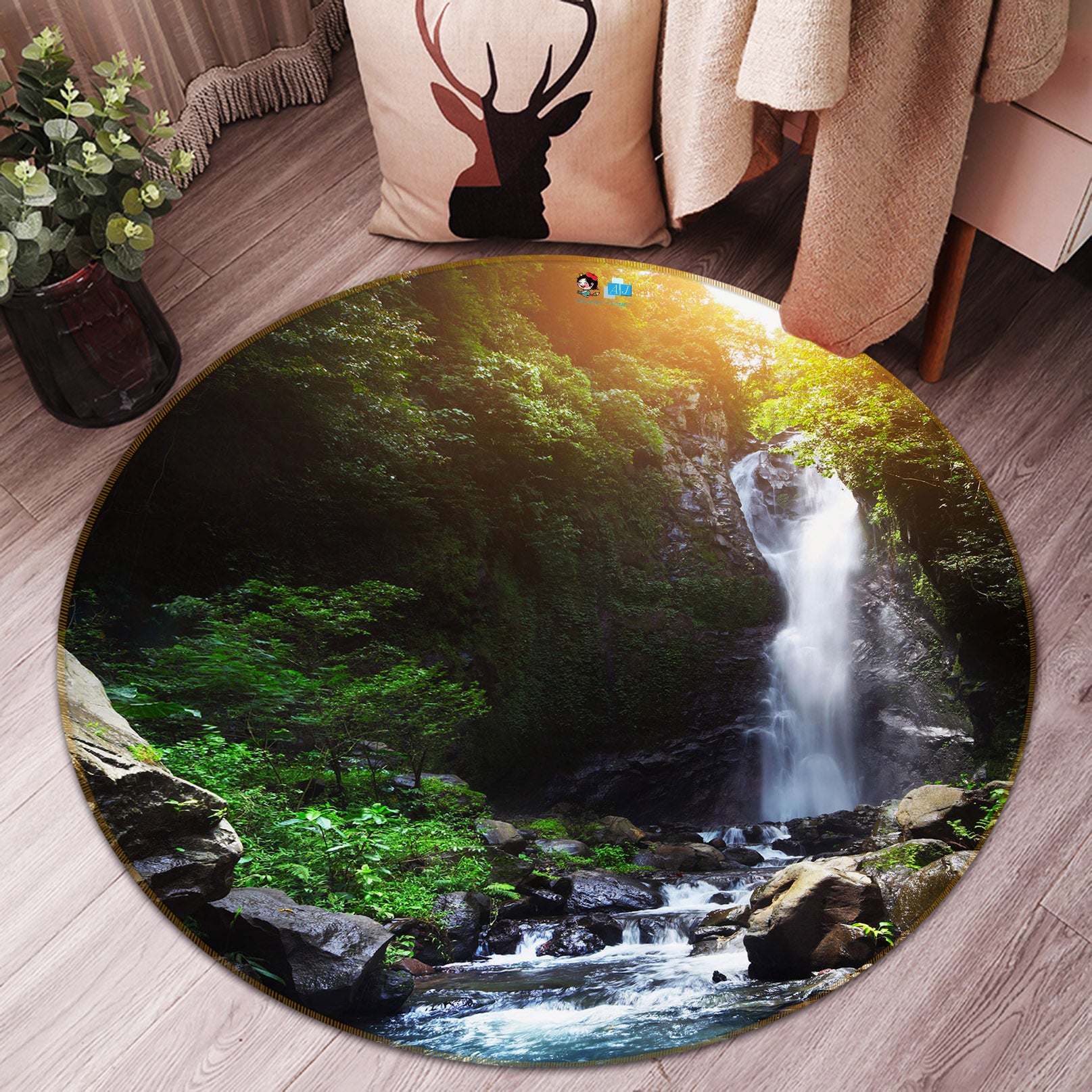 3D Jungle Waterfall 69161 Round Non Slip Rug Mat