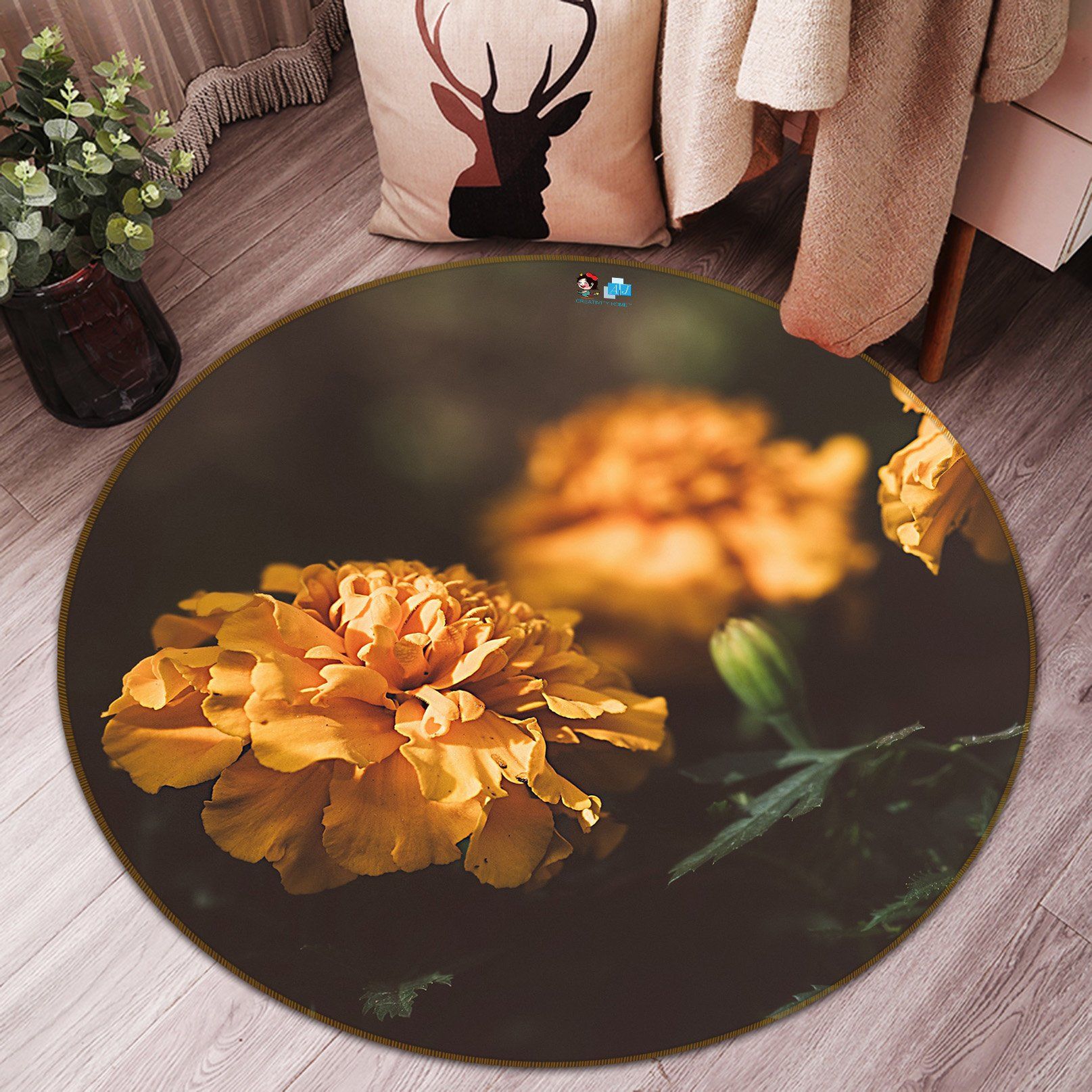 3D Orange Flower 150 Round Non Slip Rug Mat Mat AJ Creativity Home