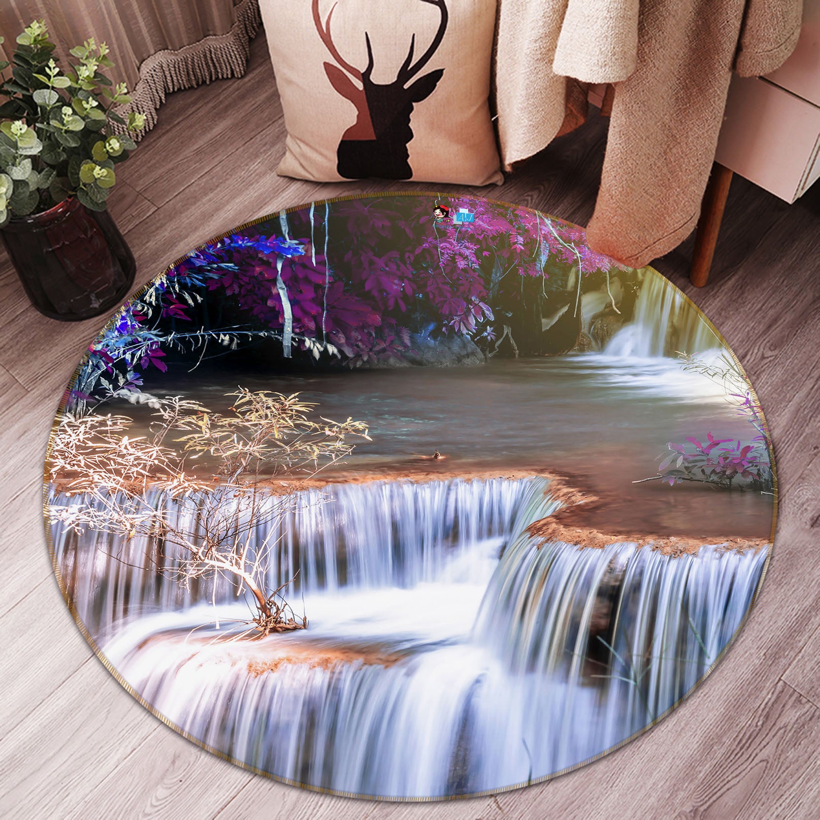 3D Flower Tree Waterfall 69109 Round Non Slip Rug Mat