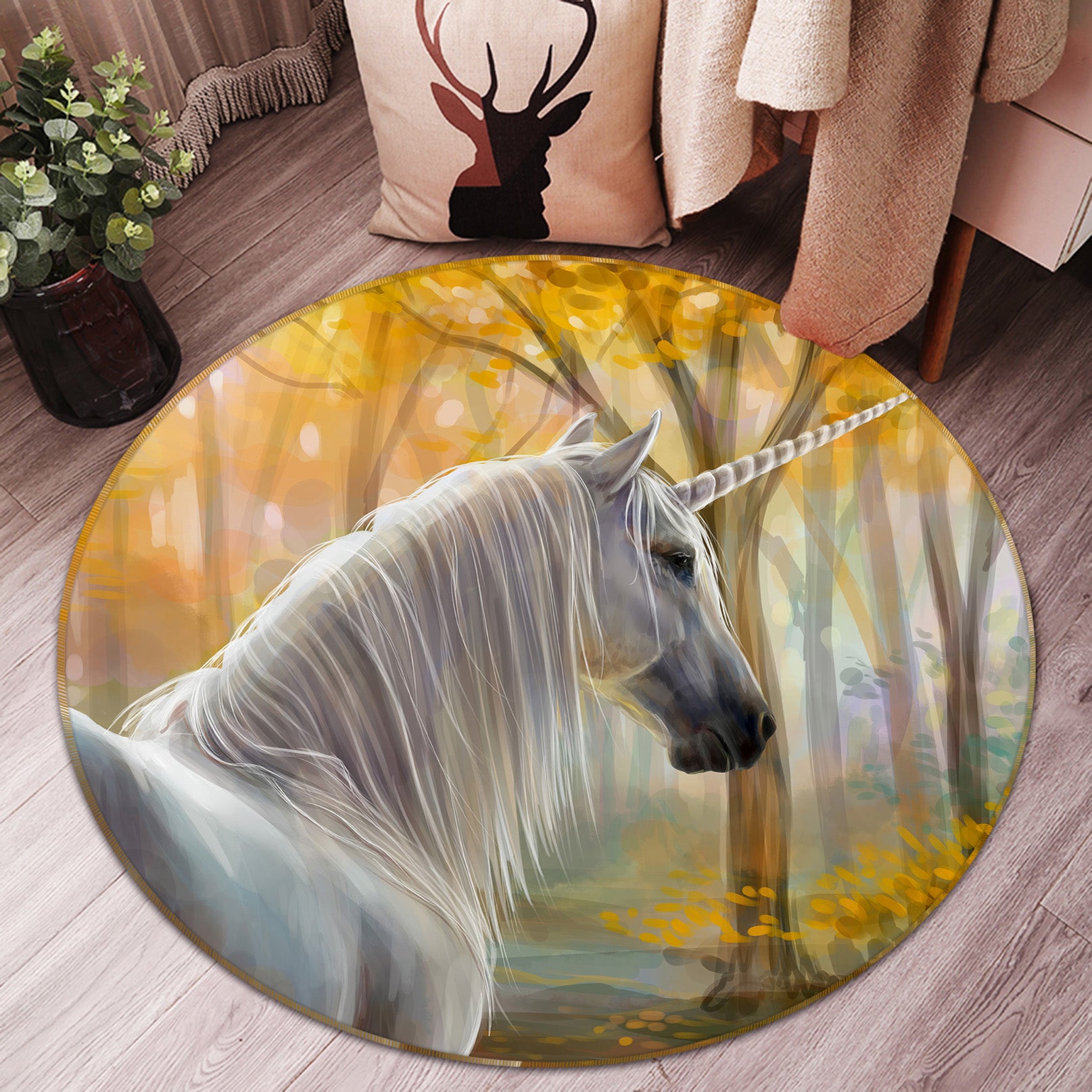 3D Horned Horse 37159 Animal Round Non Slip Rug Mat