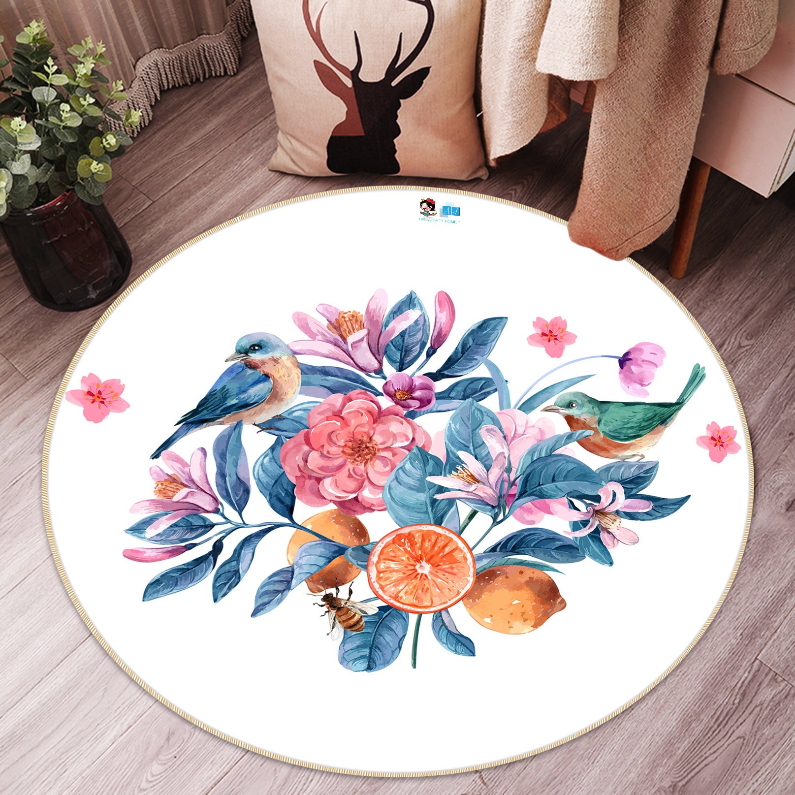 3D Flowers Birds 81036 Round Non Slip Rug Mat