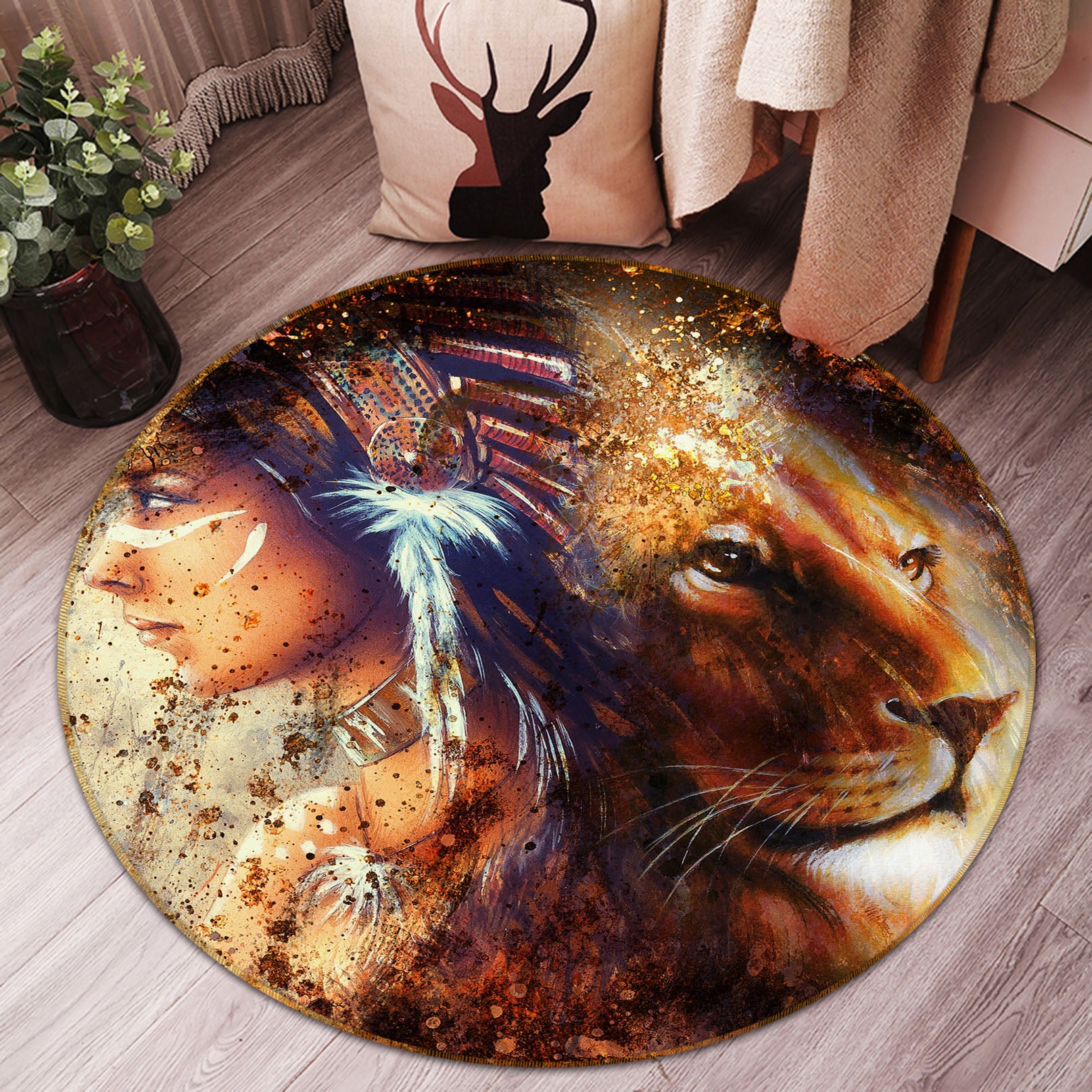 3D Lion Girl 36237 Round Non Slip Rug Mat