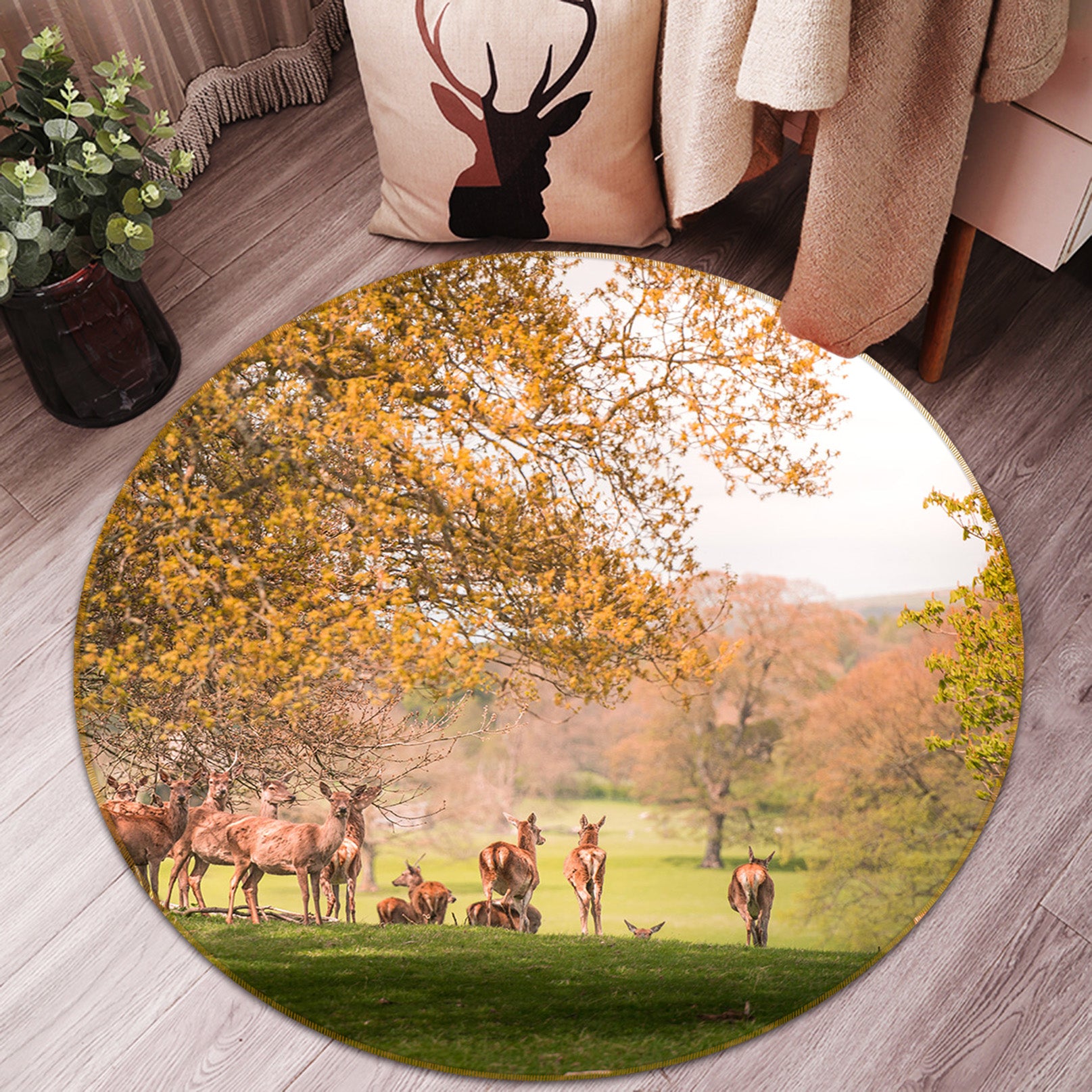 3D Wild Raindeer Coutry Park Autumn 82288 Animal Round Non Slip Rug Mat