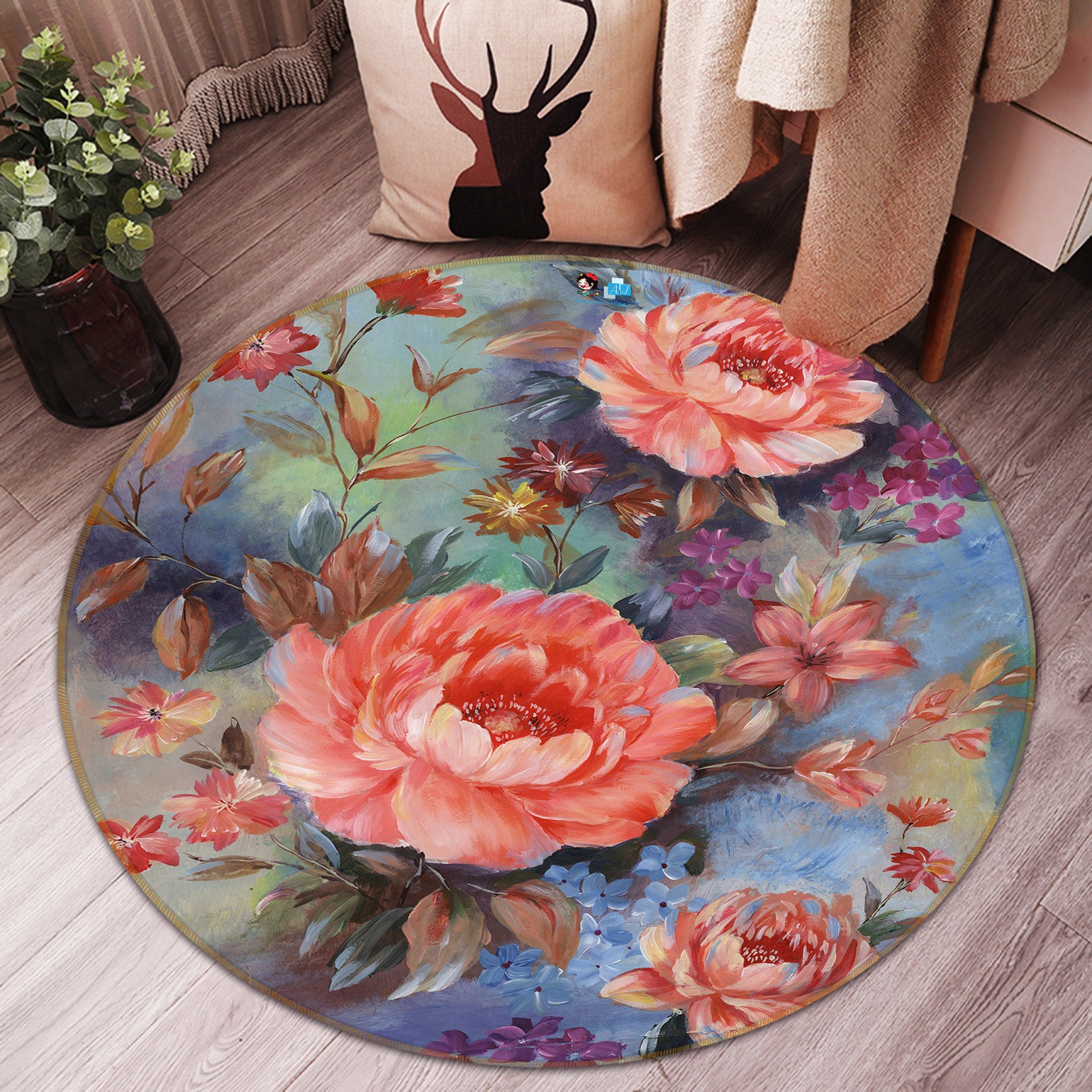 3D Flower Pattern 69088 Round Non Slip Rug Mat