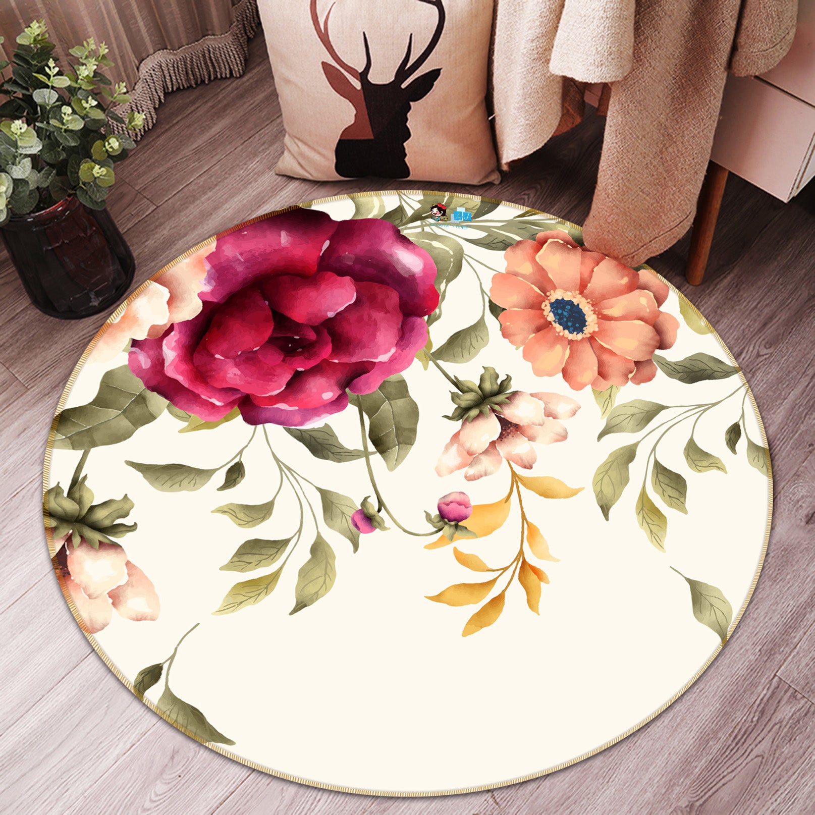 3D Flowers 81084 Round Non Slip Rug Mat