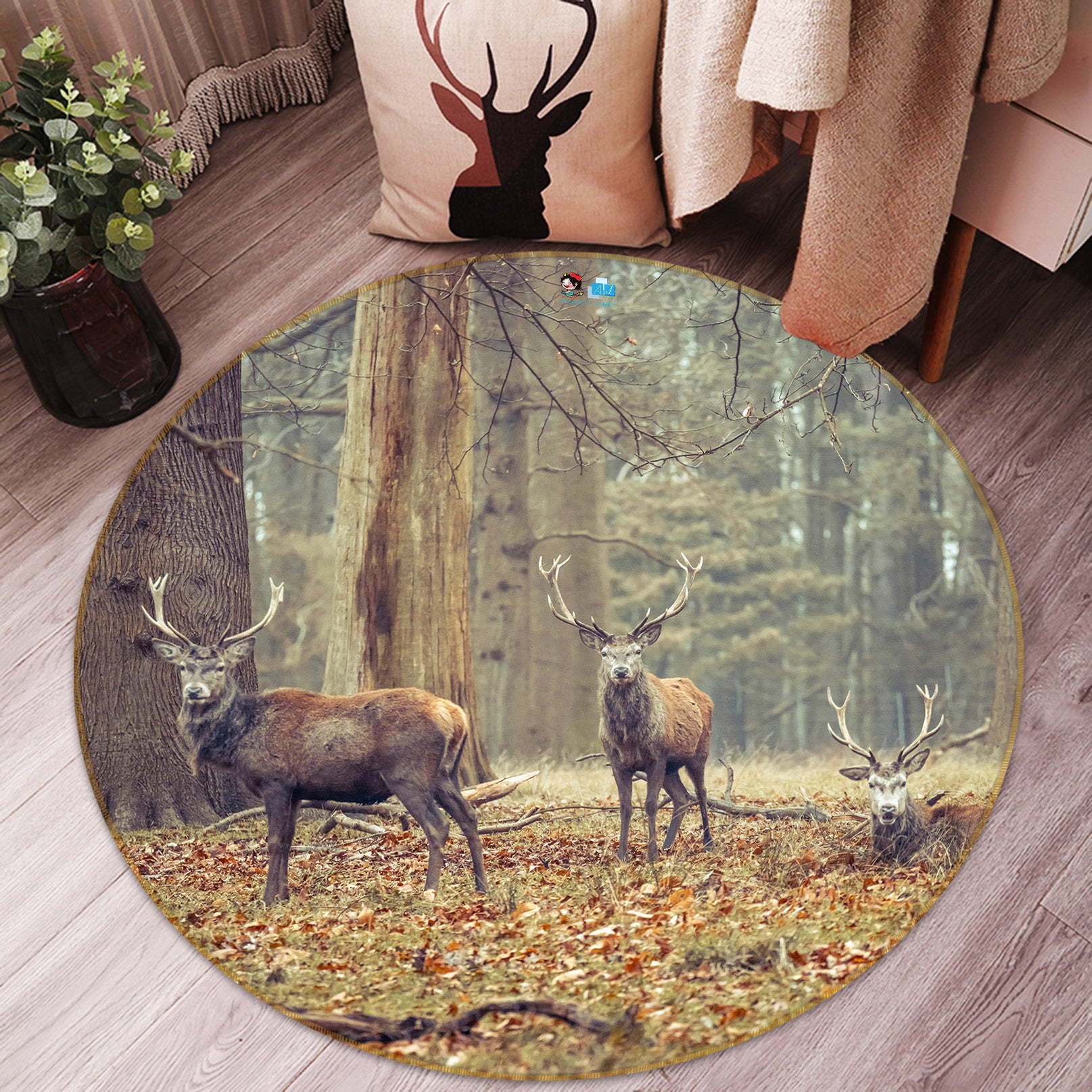 3D Forest Elk 7572 Assaf Frank Rug Round Non Slip Rug Mat