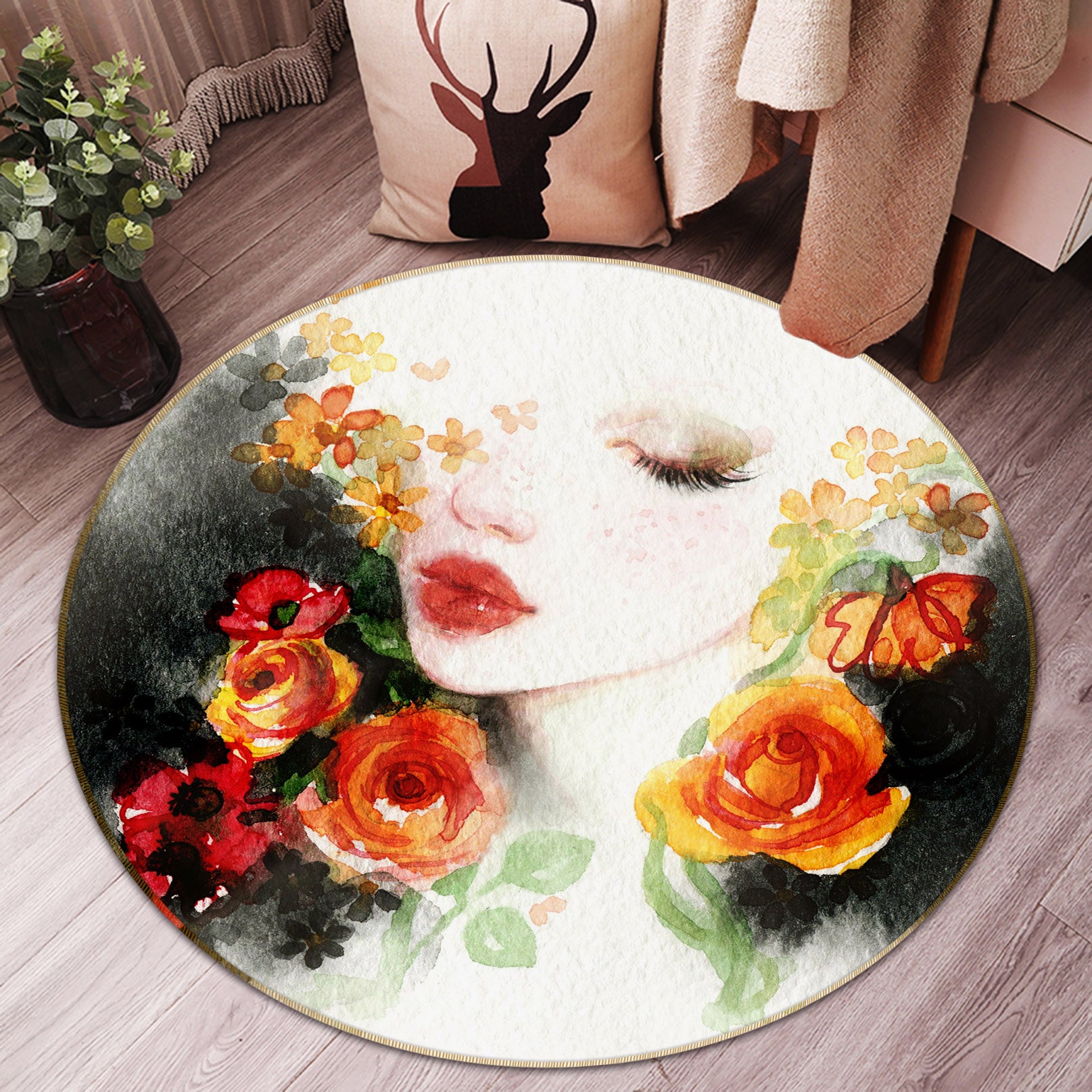 3D Beautiful Girl Flowers 37033 Round Non Slip Rug Mat