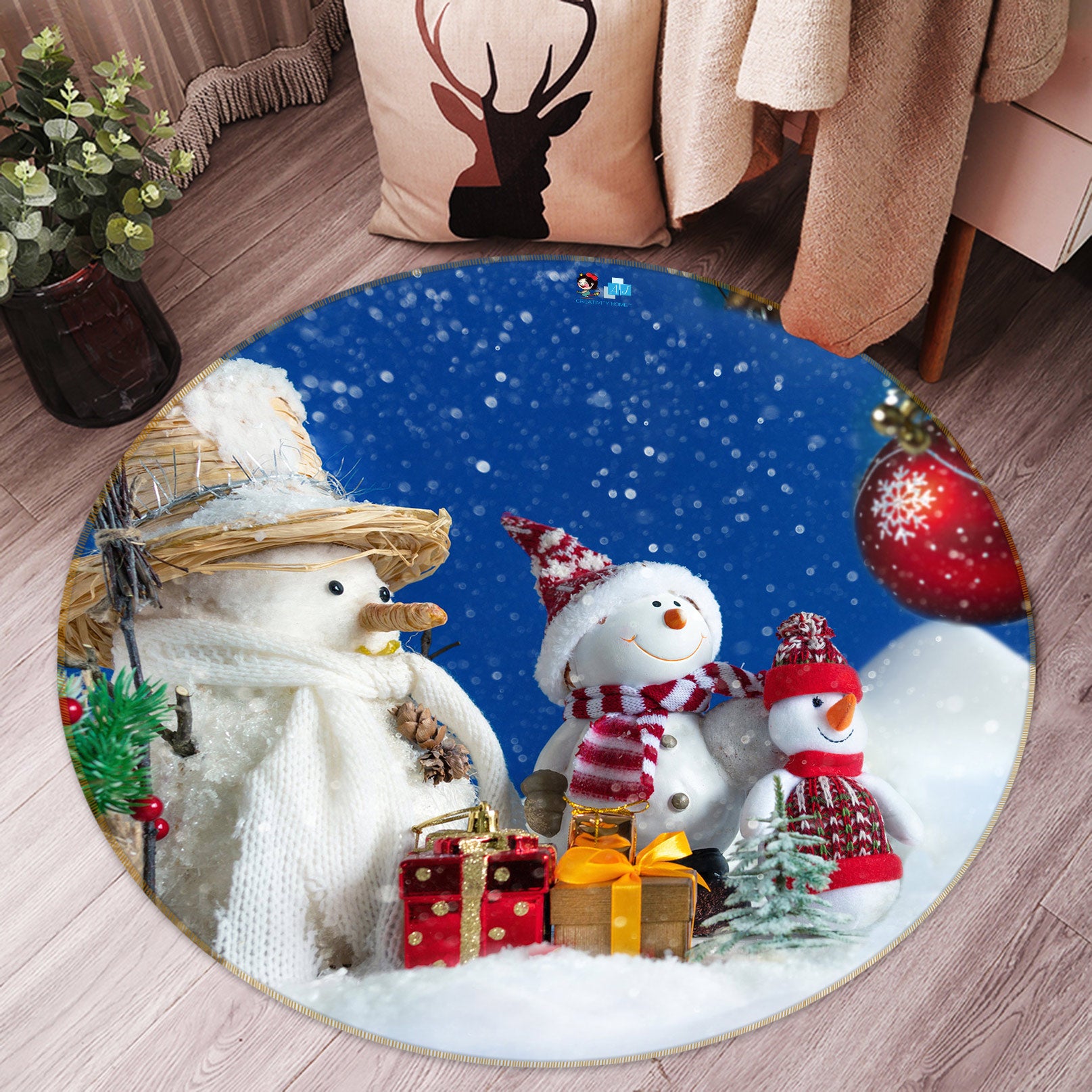 3D Snowman 54095 Christmas Round Non Slip Rug Mat Xmas