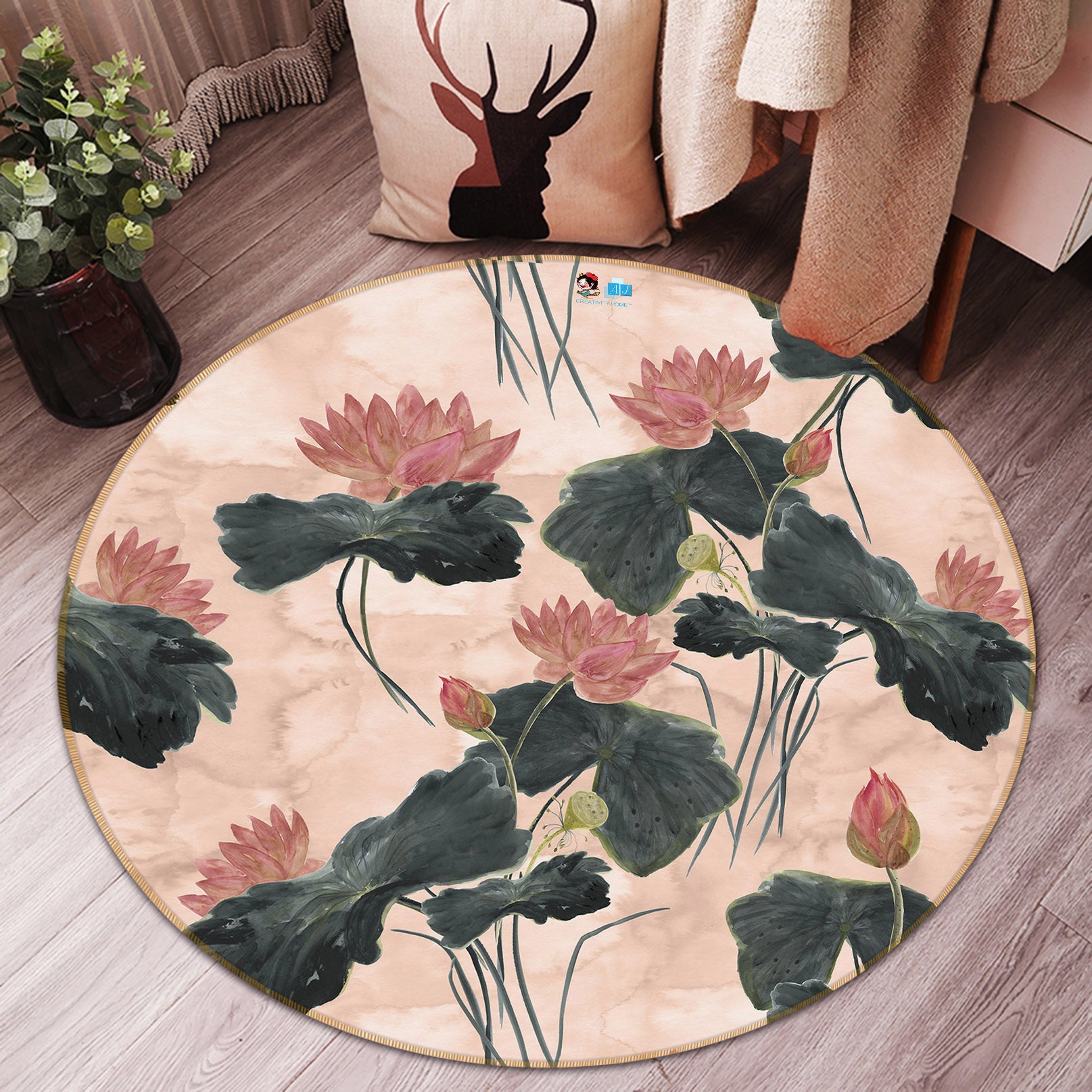 3D Lotus Flowers 69222 Round Non Slip Rug Mat