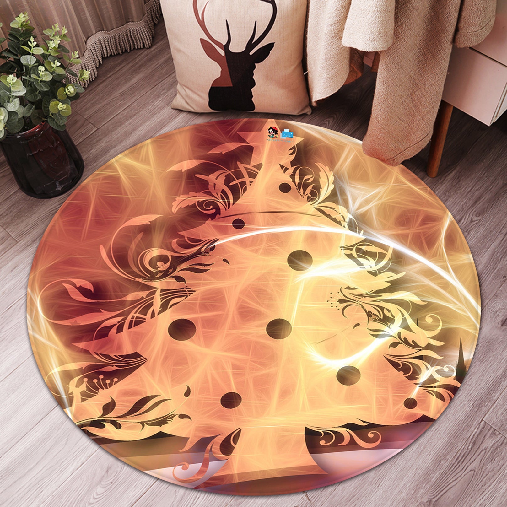 3D Flame Pattern Tree 65232 Christmas Round Non Slip Rug Mat Xmas