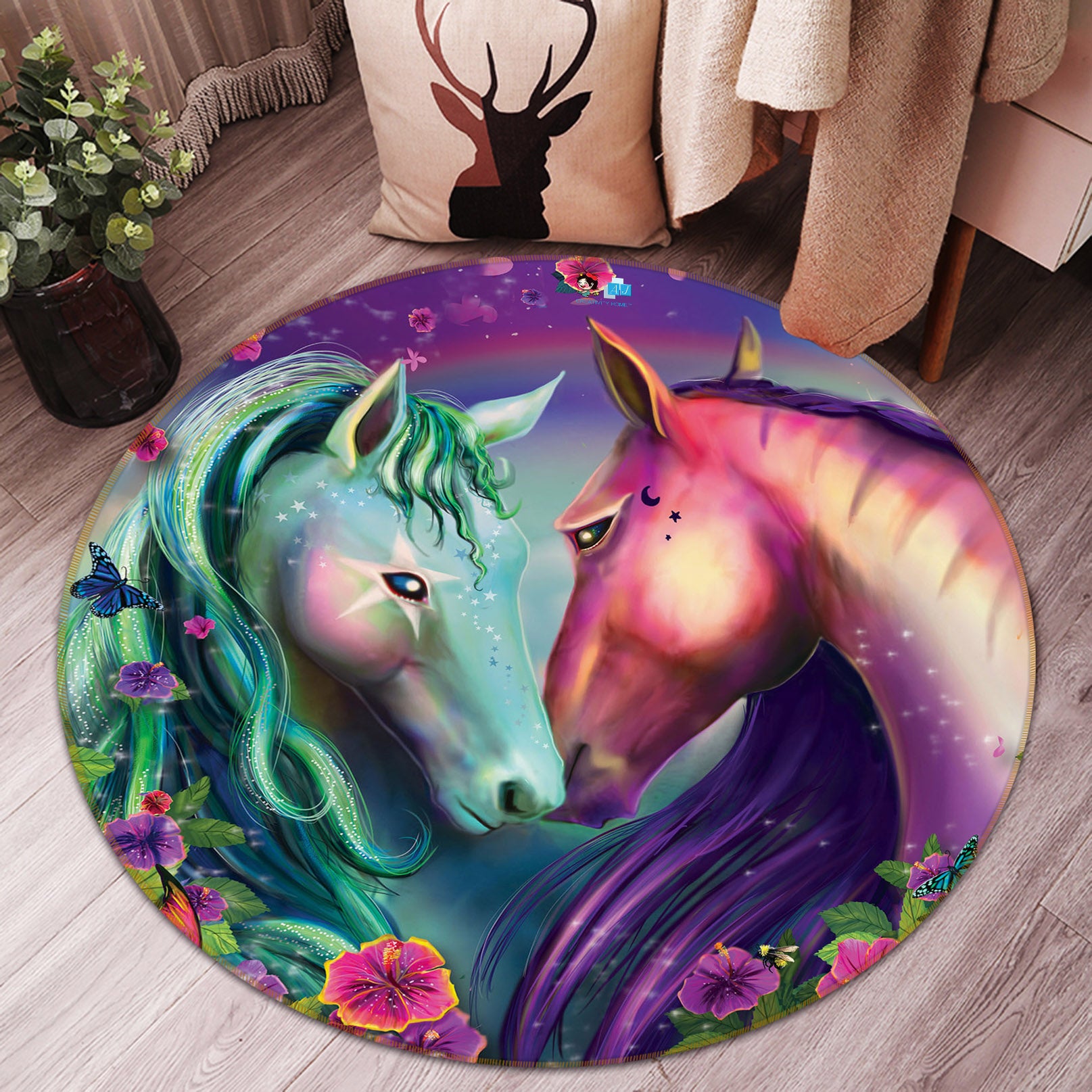 3D Flowers Red Green Horse 83179 Rose Catherine Khan Rug Round Non Slip Rug Mat