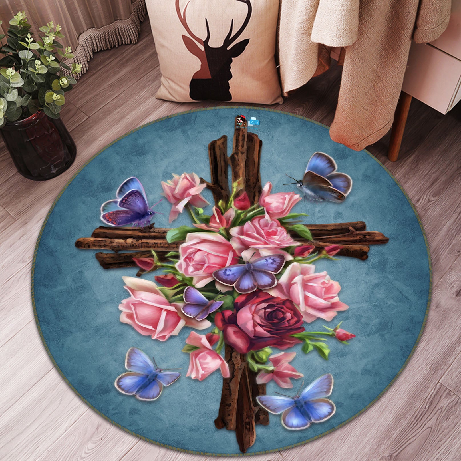 3D Rose Butterfly 8893 Brigid Ashwood Rug Round Non Slip Rug Mat