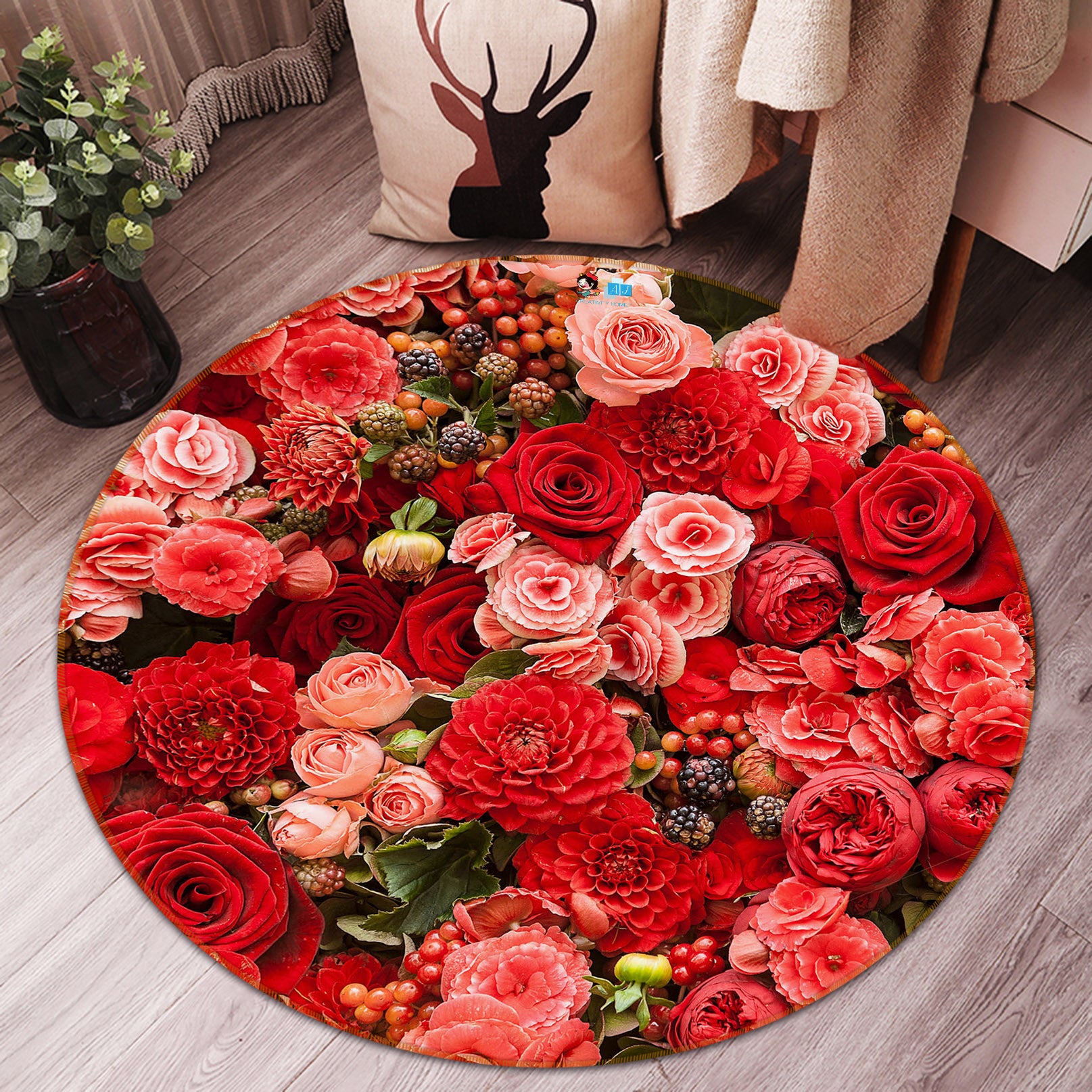 3D Flowers 69169 Round Non Slip Rug Mat