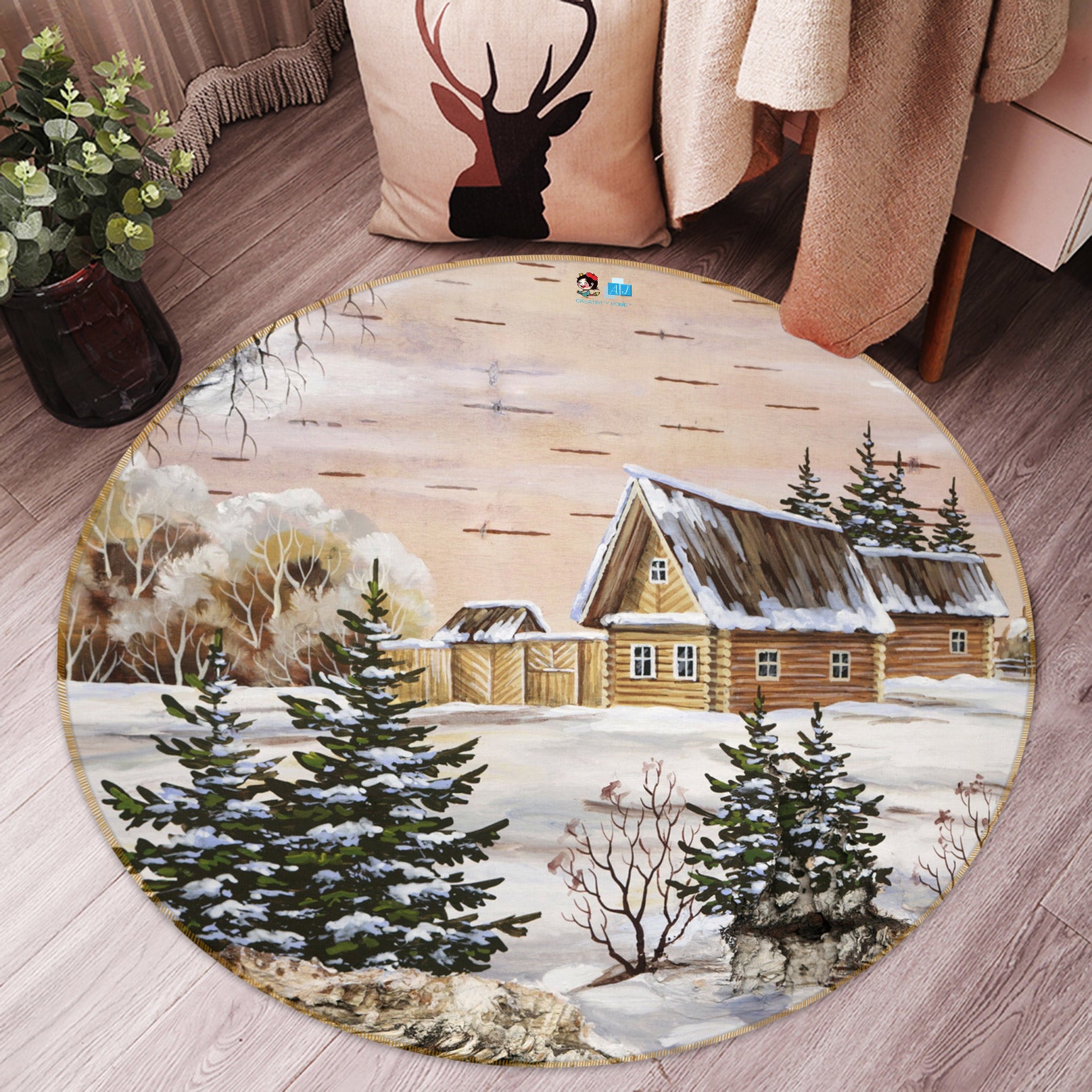3D Snow Scene 72151 Round Non Slip Rug Mat
