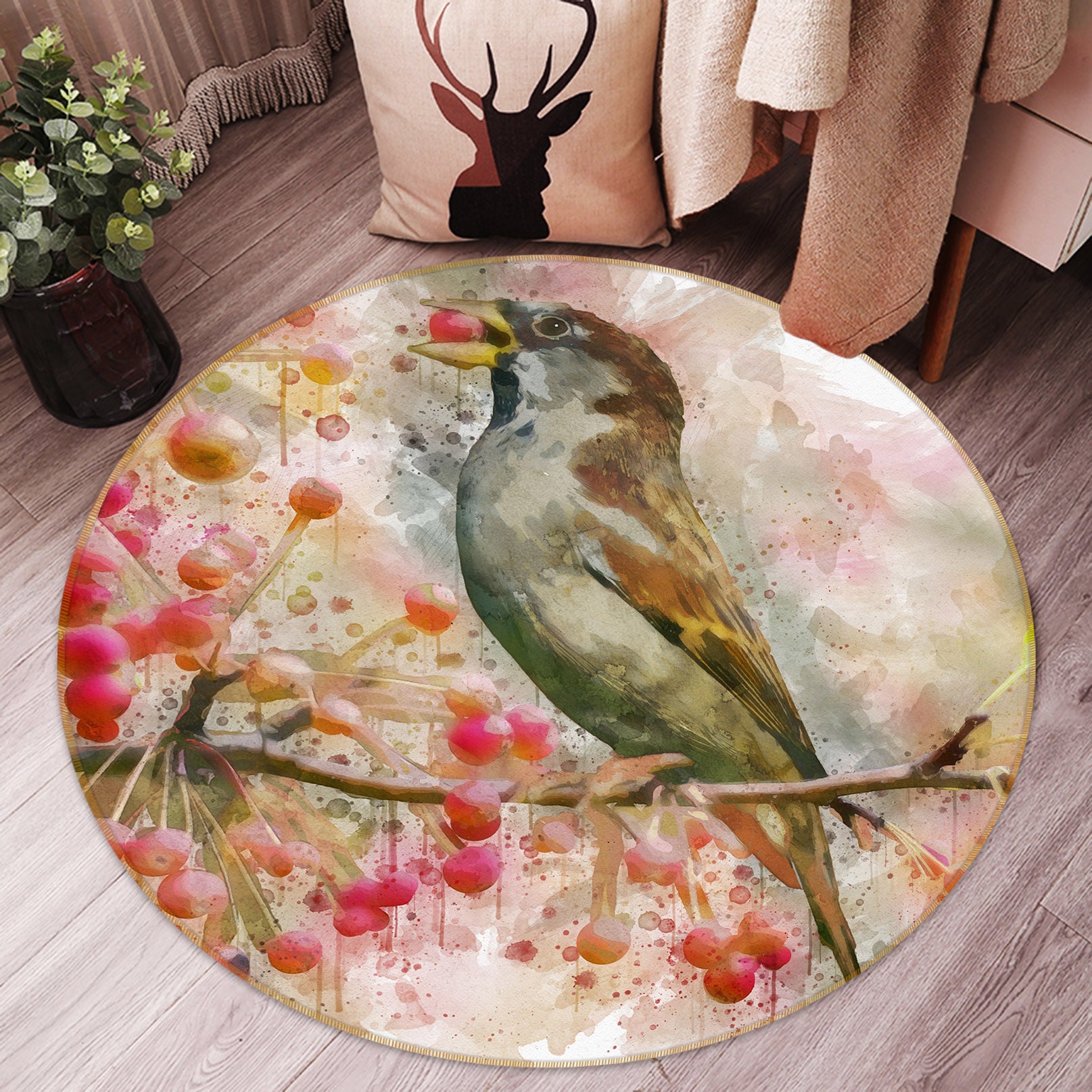 3D Sparrow Branch 38032 Animal Round Non Slip Rug Mat