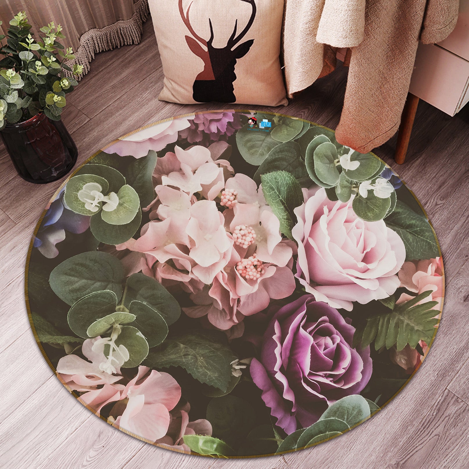 3D Flowers 69211 Round Non Slip Rug Mat